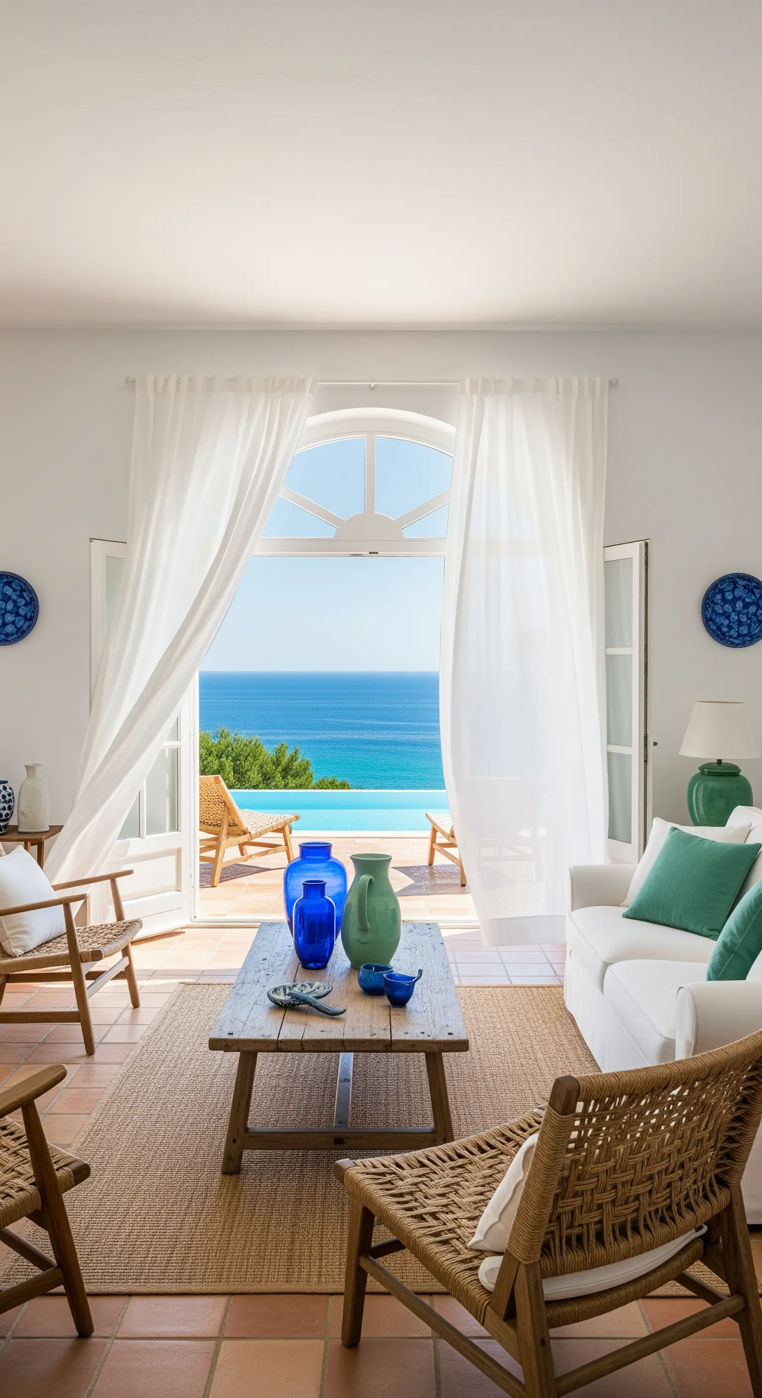 Salotto mediterraneo con arredi in legno e vista sulla piscina e sul mare.