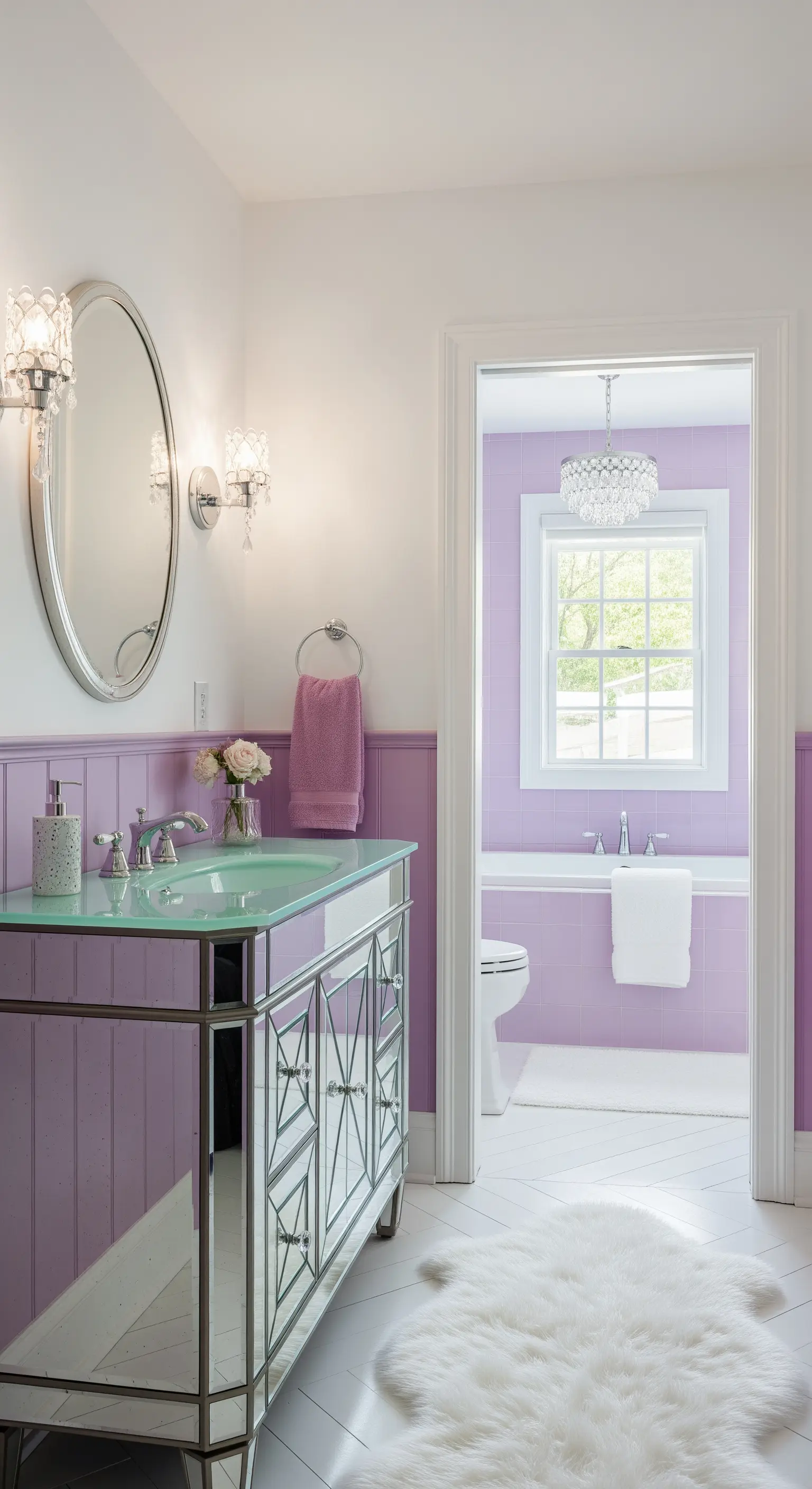 Bagno con boiserie color lavanda e mobile lavabo con finiture a specchio.