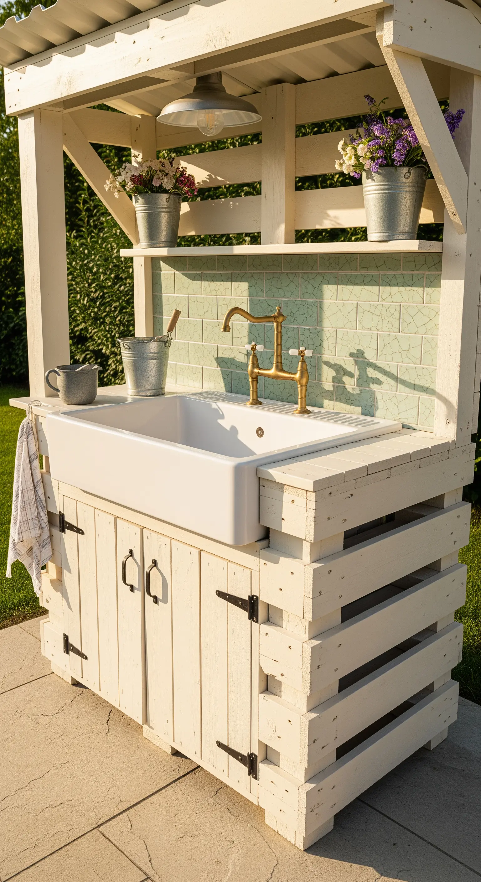 Stazione di lavaggio da esterno in stile shabby chic, con lavello in ceramica e piastrelle verdi.