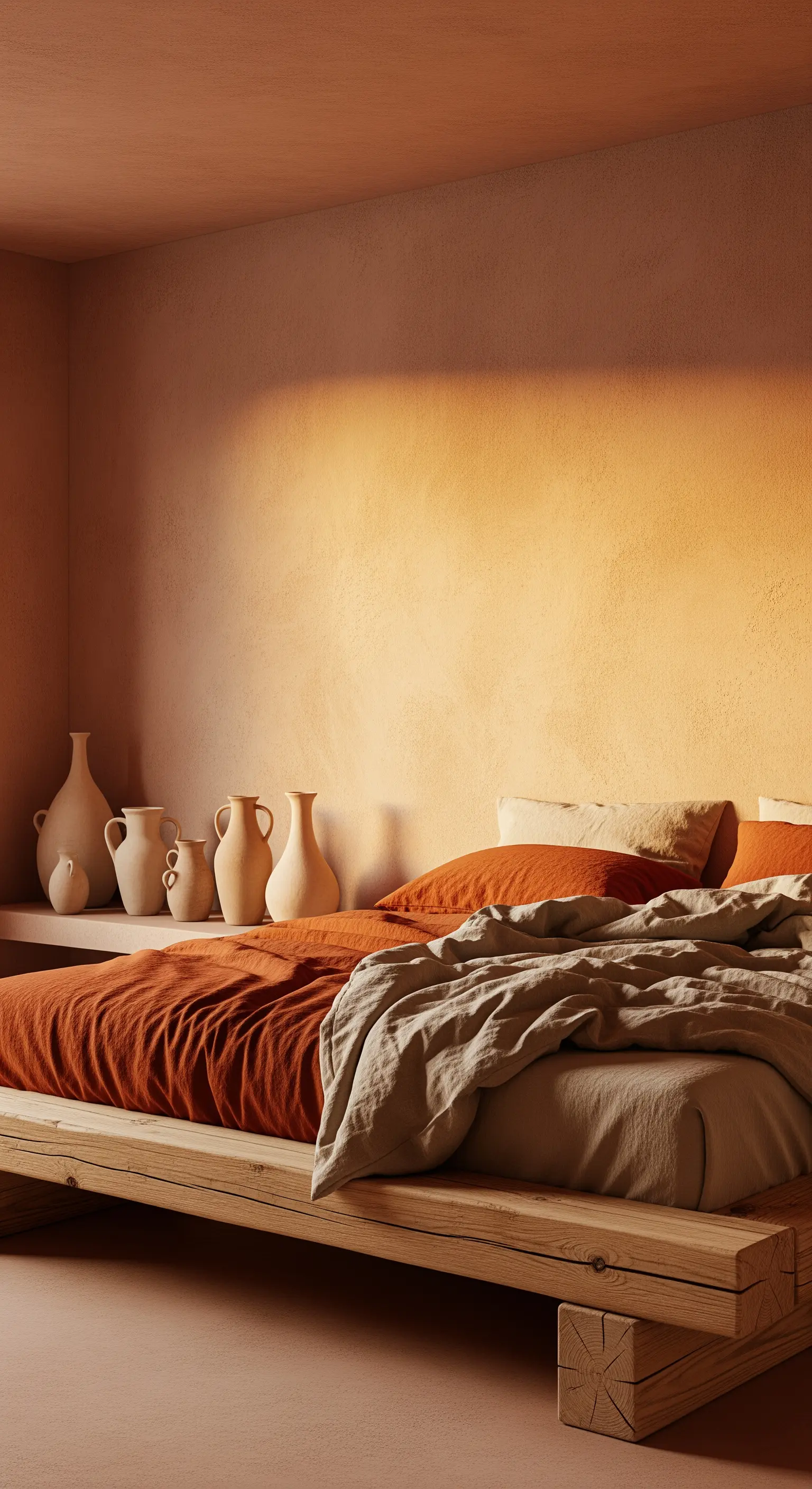 Camera da letto con pareti color terracotta, letto in legno e lenzuola arancioni.