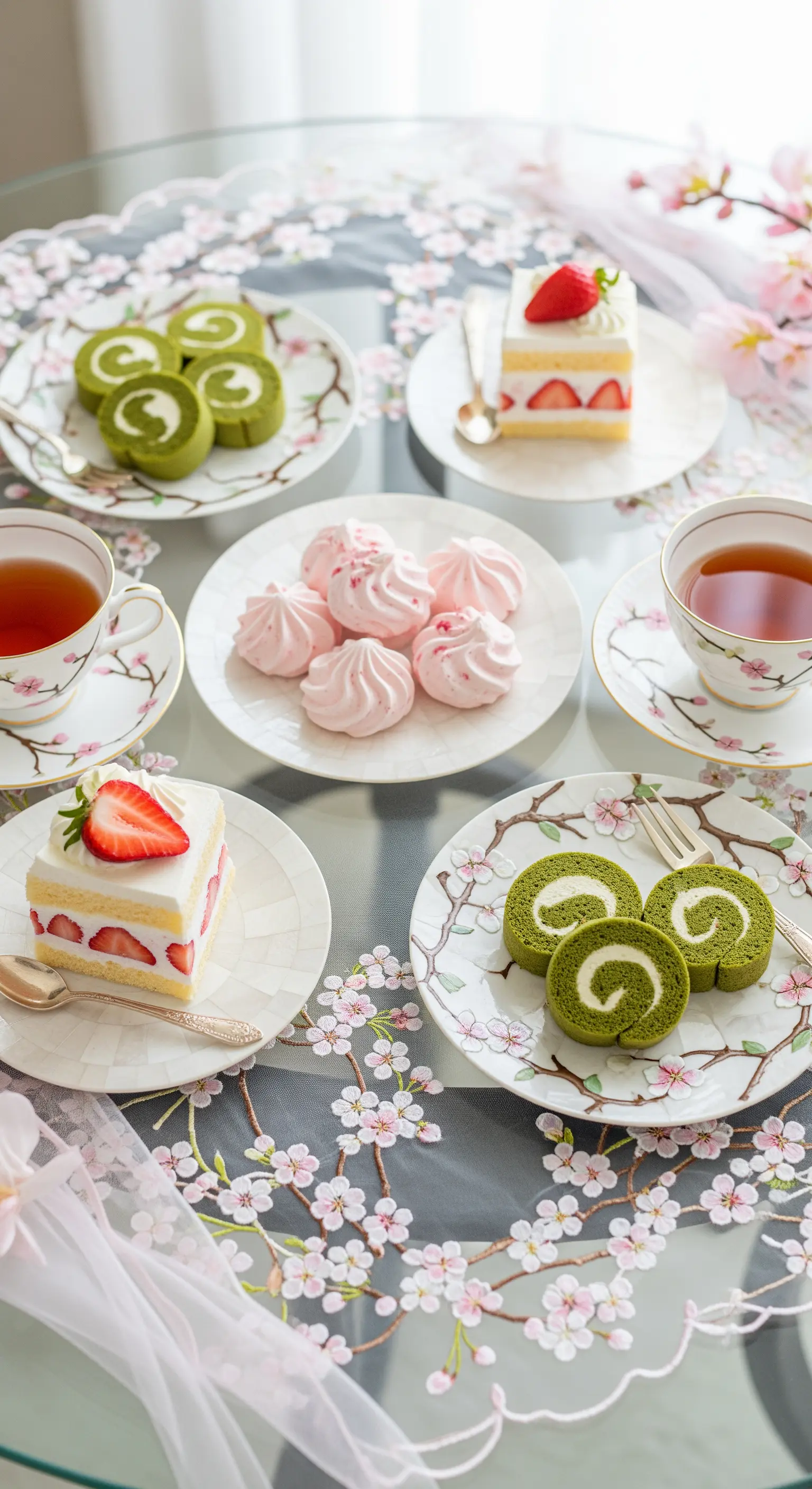 Tavola da tè primaverile con tovaglia ricamata a fiori di ciliegio e dolci giapponesi