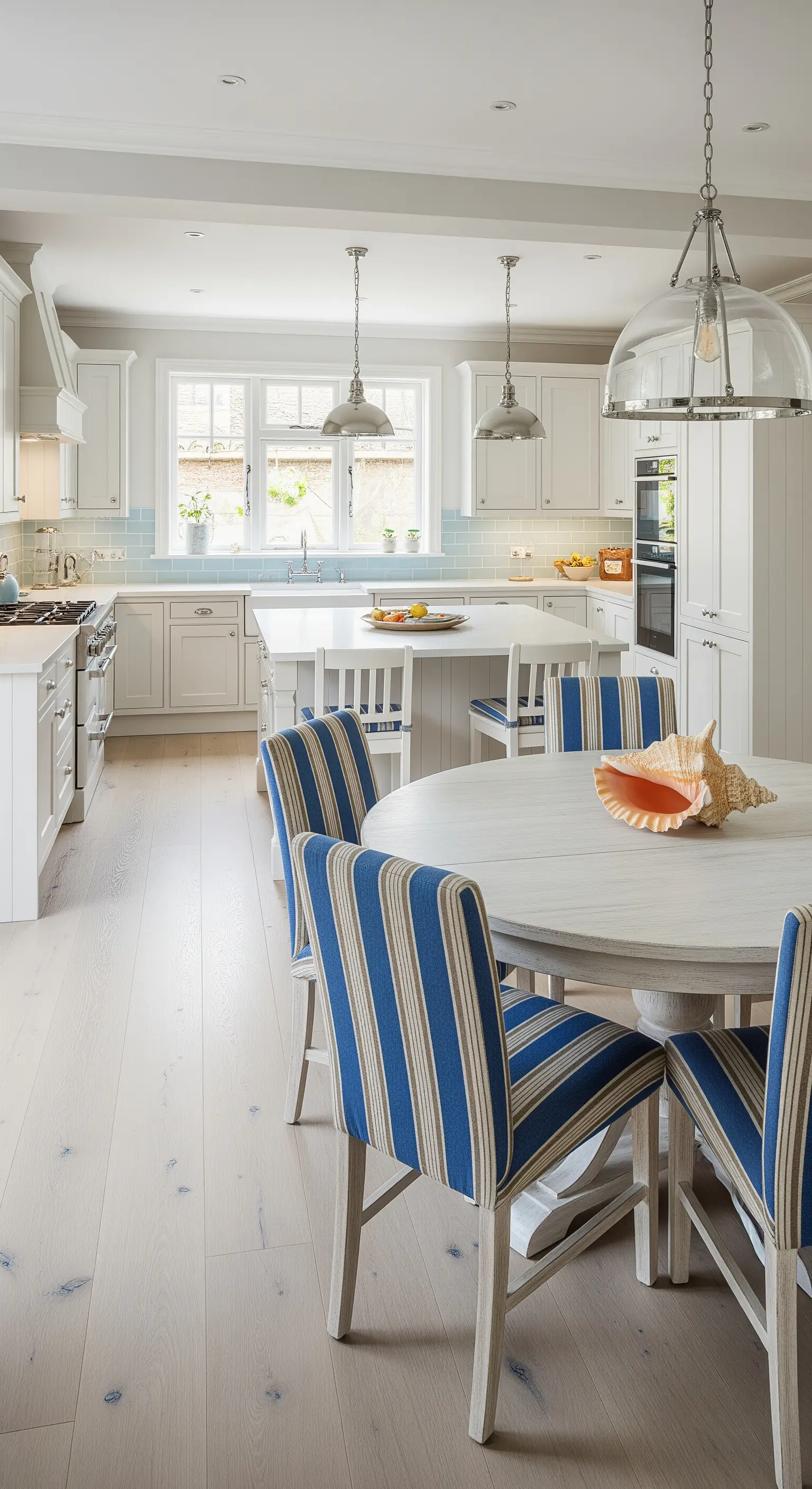 Cucina con tavolo in legno sbiancato e sedie rivestite in tessuto a righe blu.
