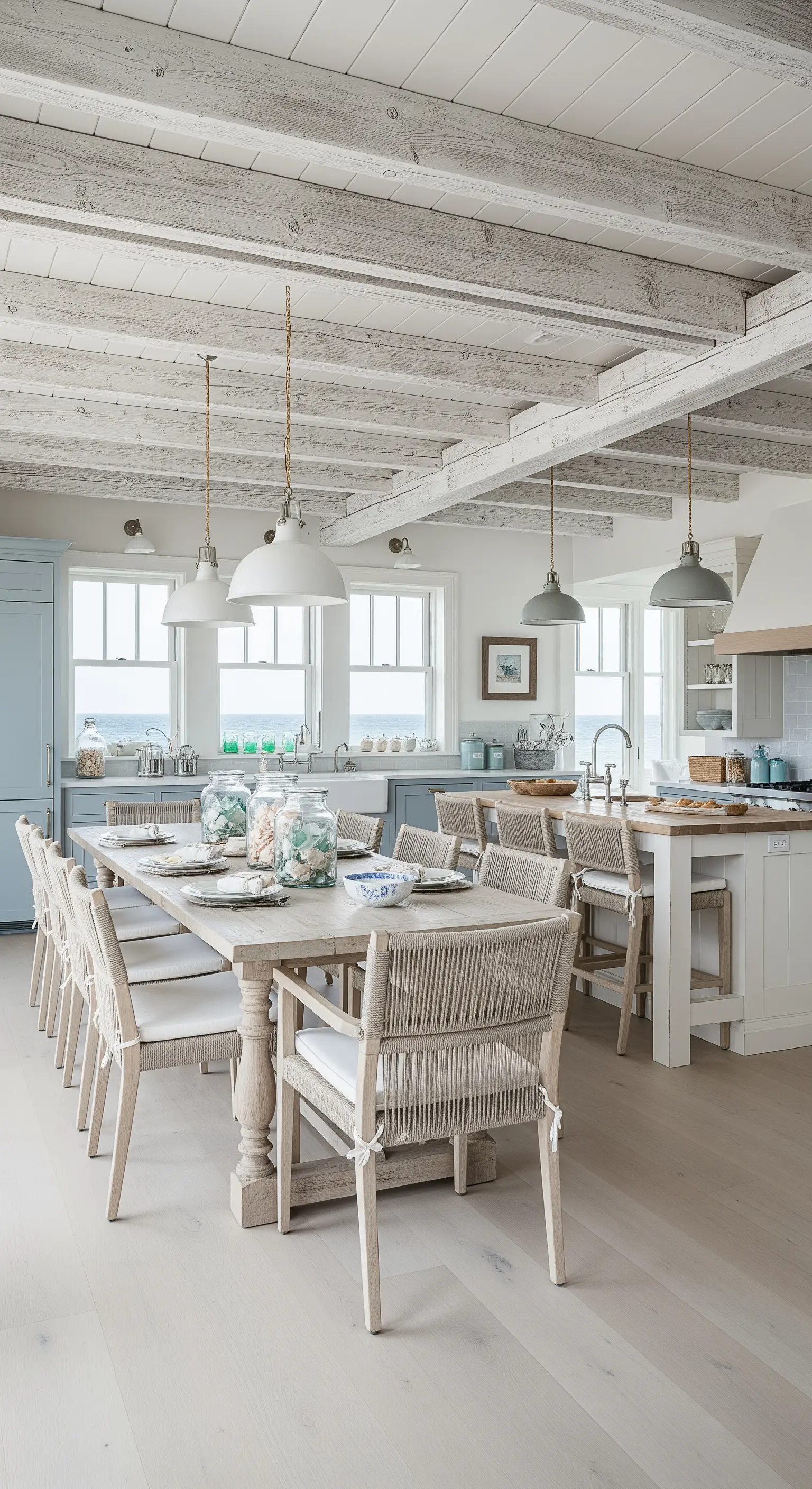 Cucina in stile costiero con travi e tavolo in legno sbiancato e mobili azzurro polvere.