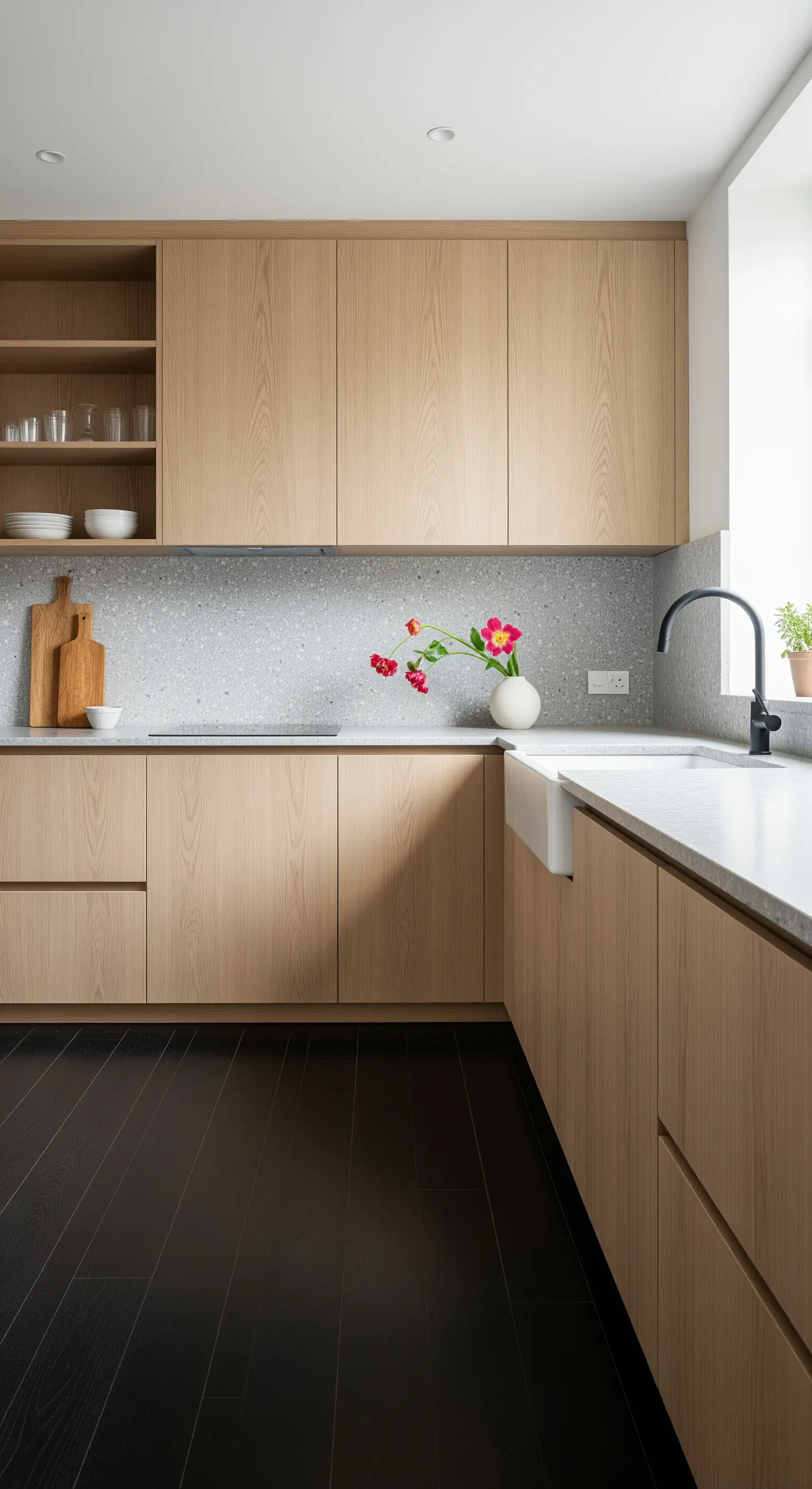 Cucina moderna con mobili in rovere chiaro, top in terrazzo e pavimento in legno scuro.