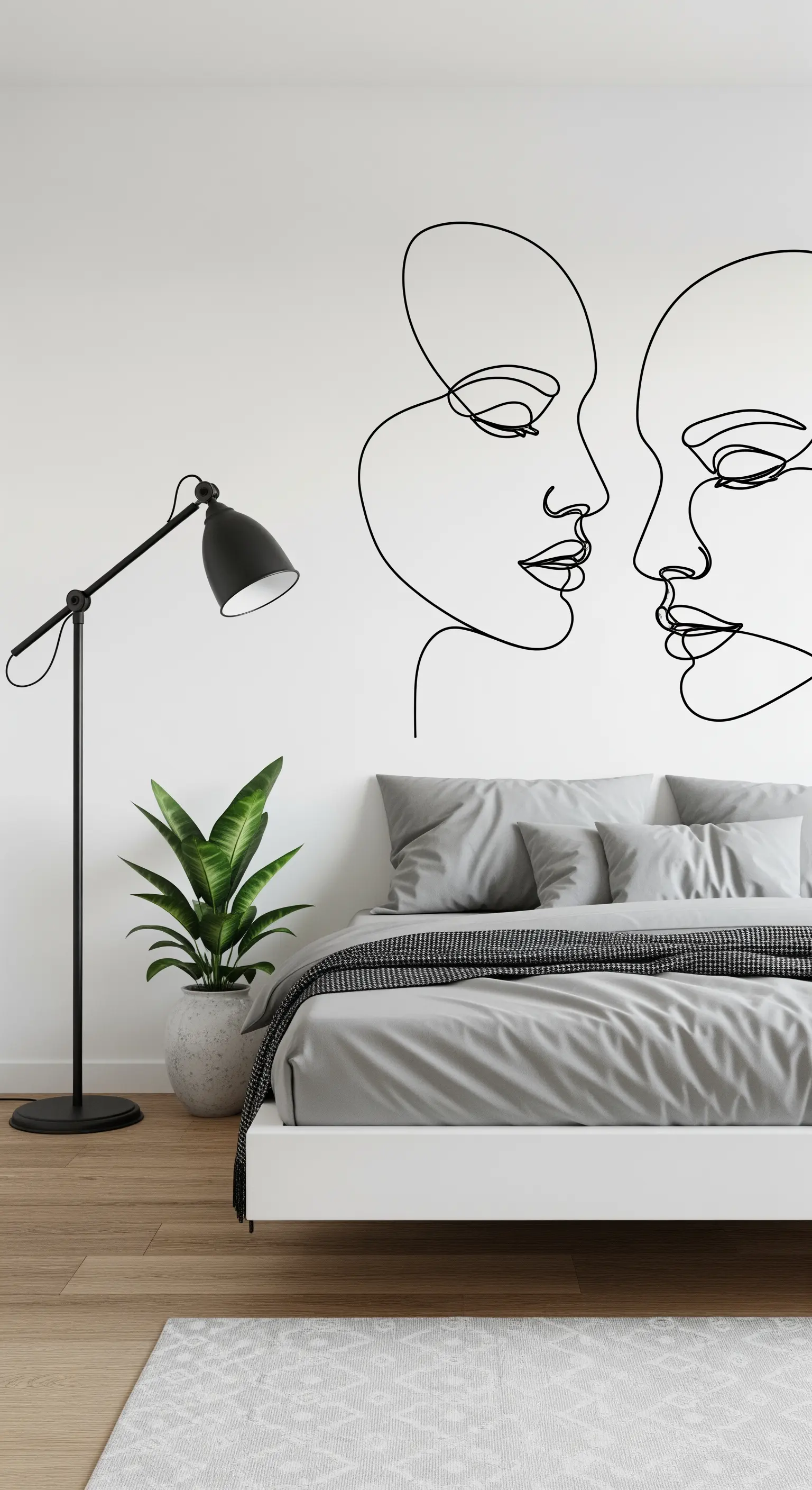 Murale line art con due volti su una parete bianca in una camera da letto minimalista.