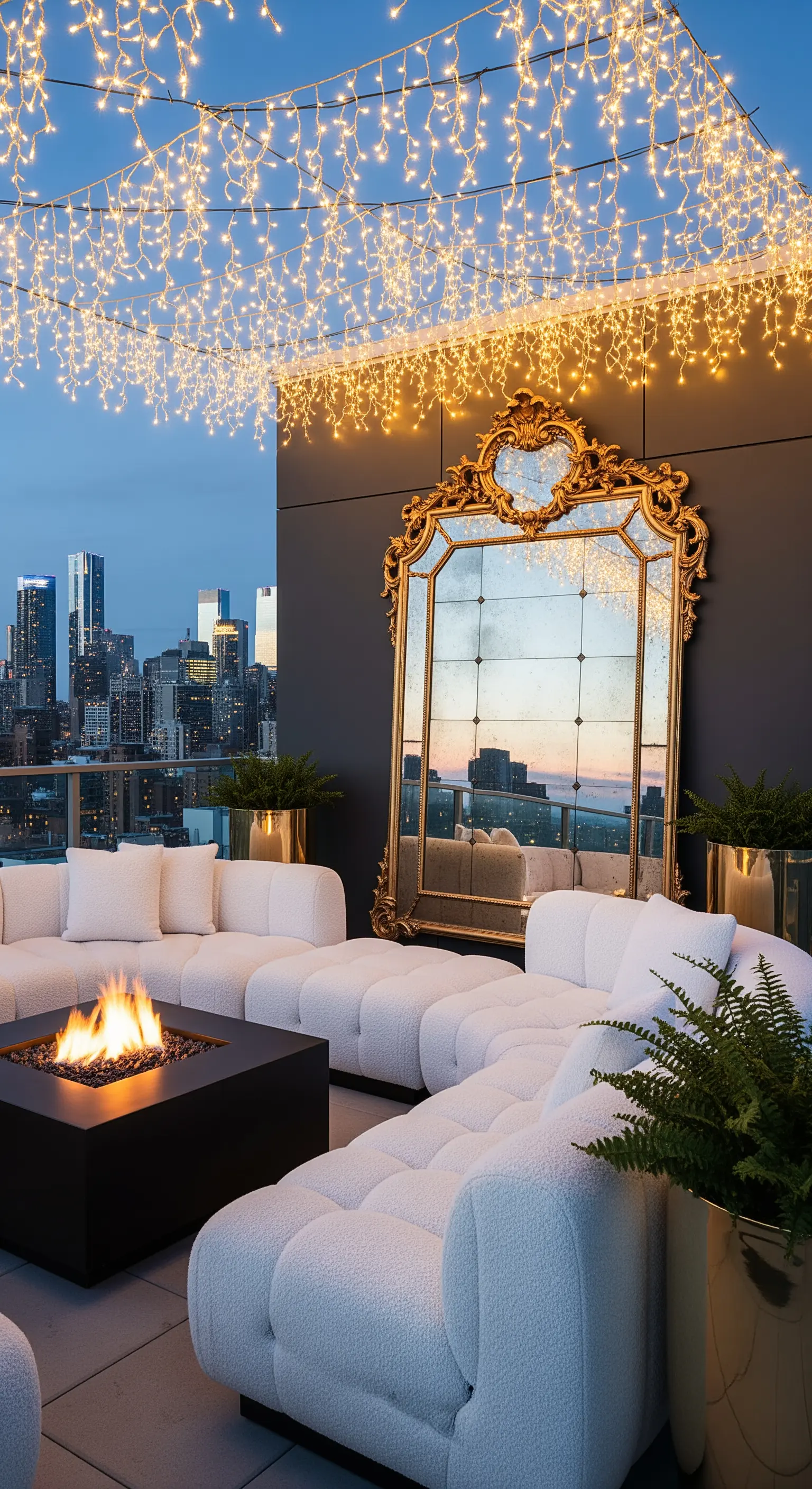 Grande specchio dorato su una terrazza con divano bianco e luci calde.