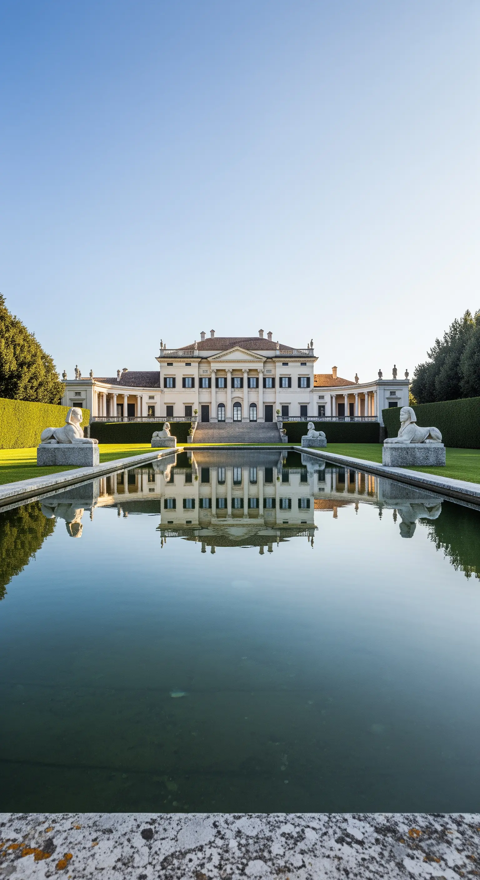 Villa palladiana che si riflette perfettamente su una grande vasca d'acqua rettangolare.