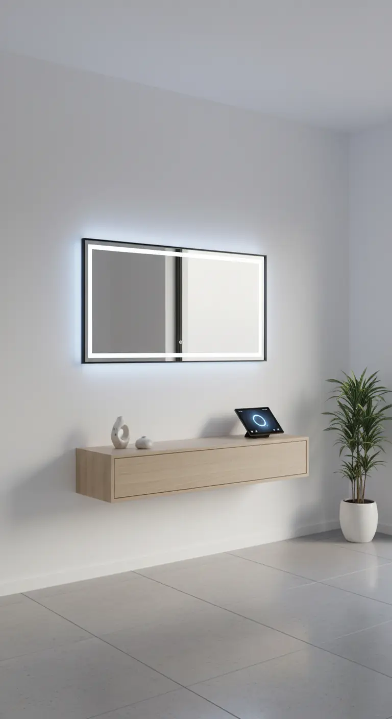 Specchio smart retroilluminato con display, montato sopra una consolle sospesa in legno.