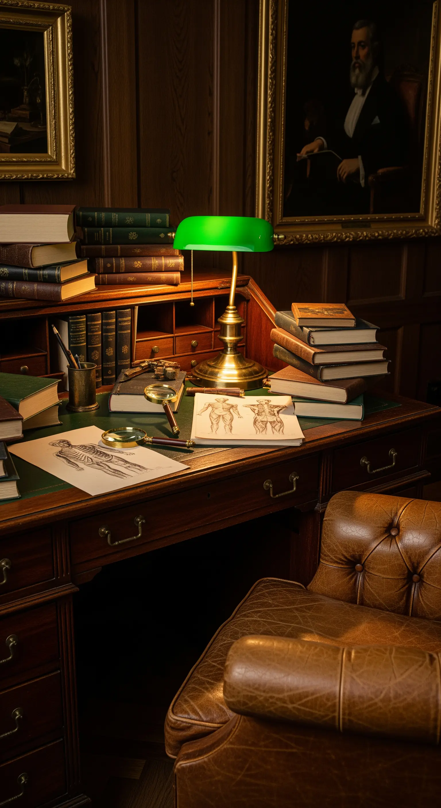 Scrivania da studioso piena di libri antichi, con lampada verde e poltrona in pelle.