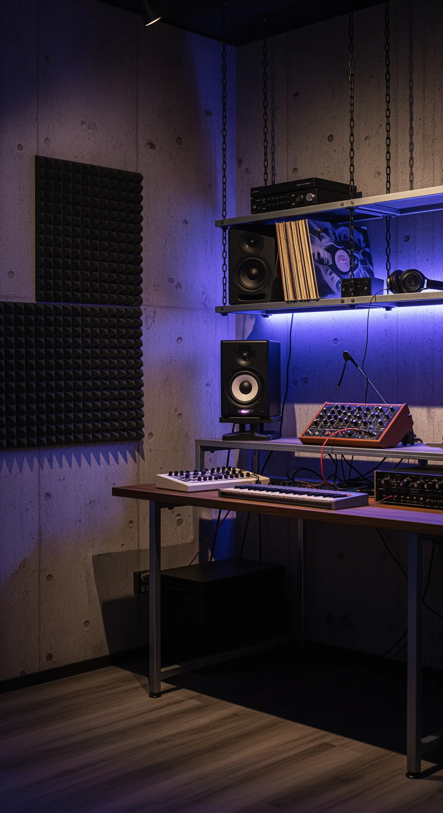Studio musicale con parete in cemento, pannelli fonoassorbenti e mensole sospese con catene.