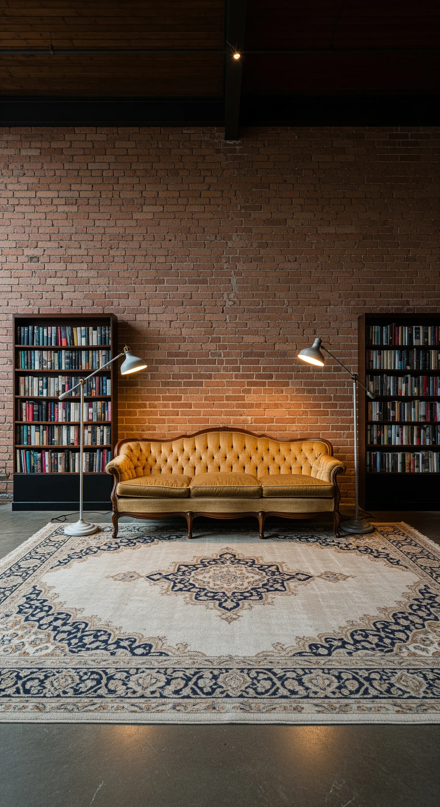 Divano Chesterfield senape e un grande tappeto persiano in un loft con parete di mattoni a vista.