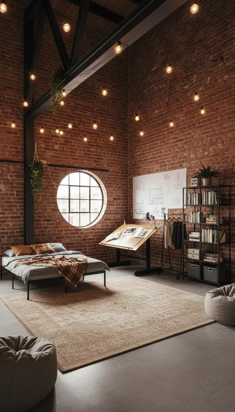 Camera in stile loft industriale con parete di mattoni, letto in metallo e lampadine a vista.