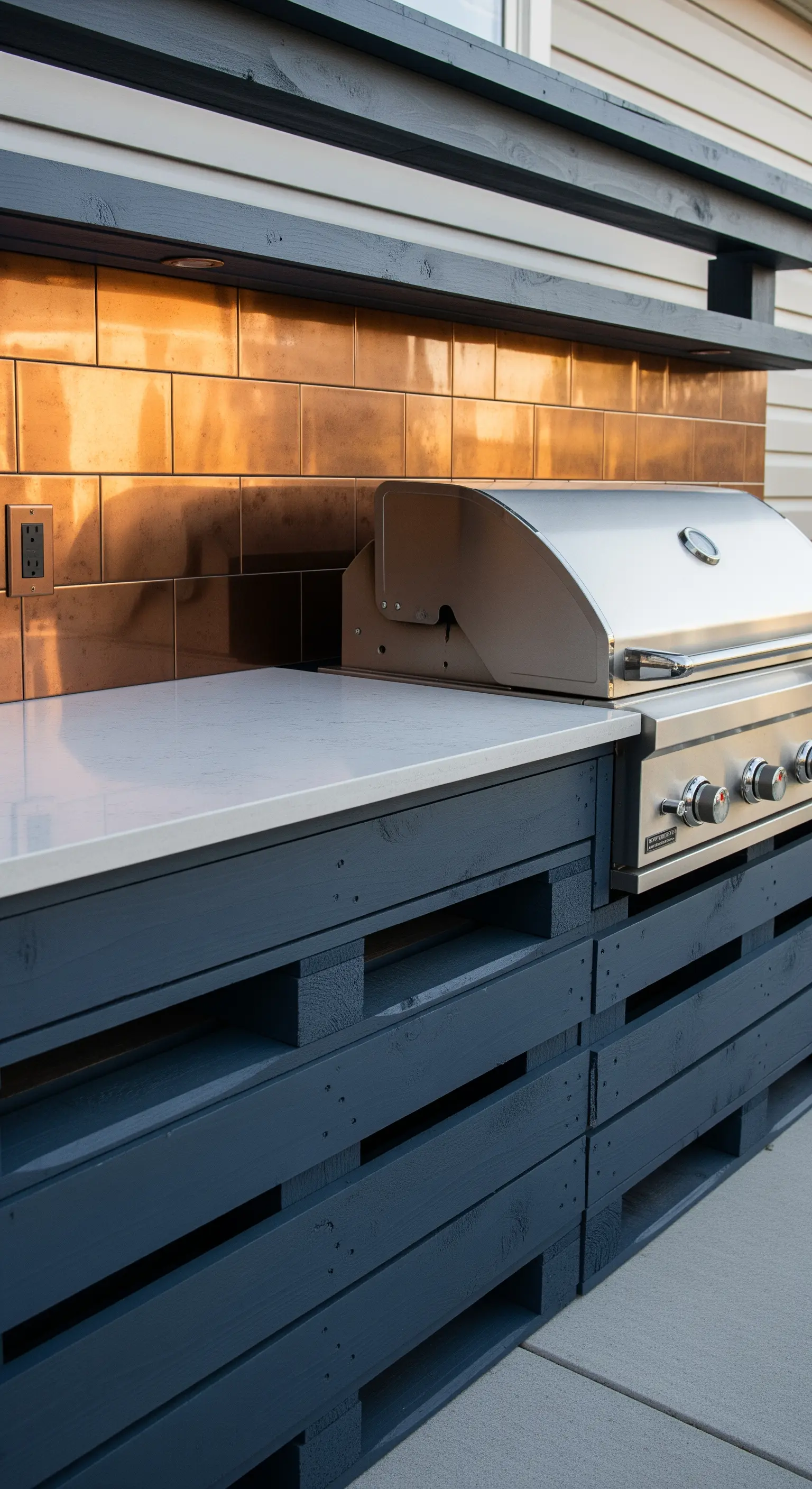 Cucina esterna moderna con base in pallet scuri, top bianco e backsplash in piastrelle rame.