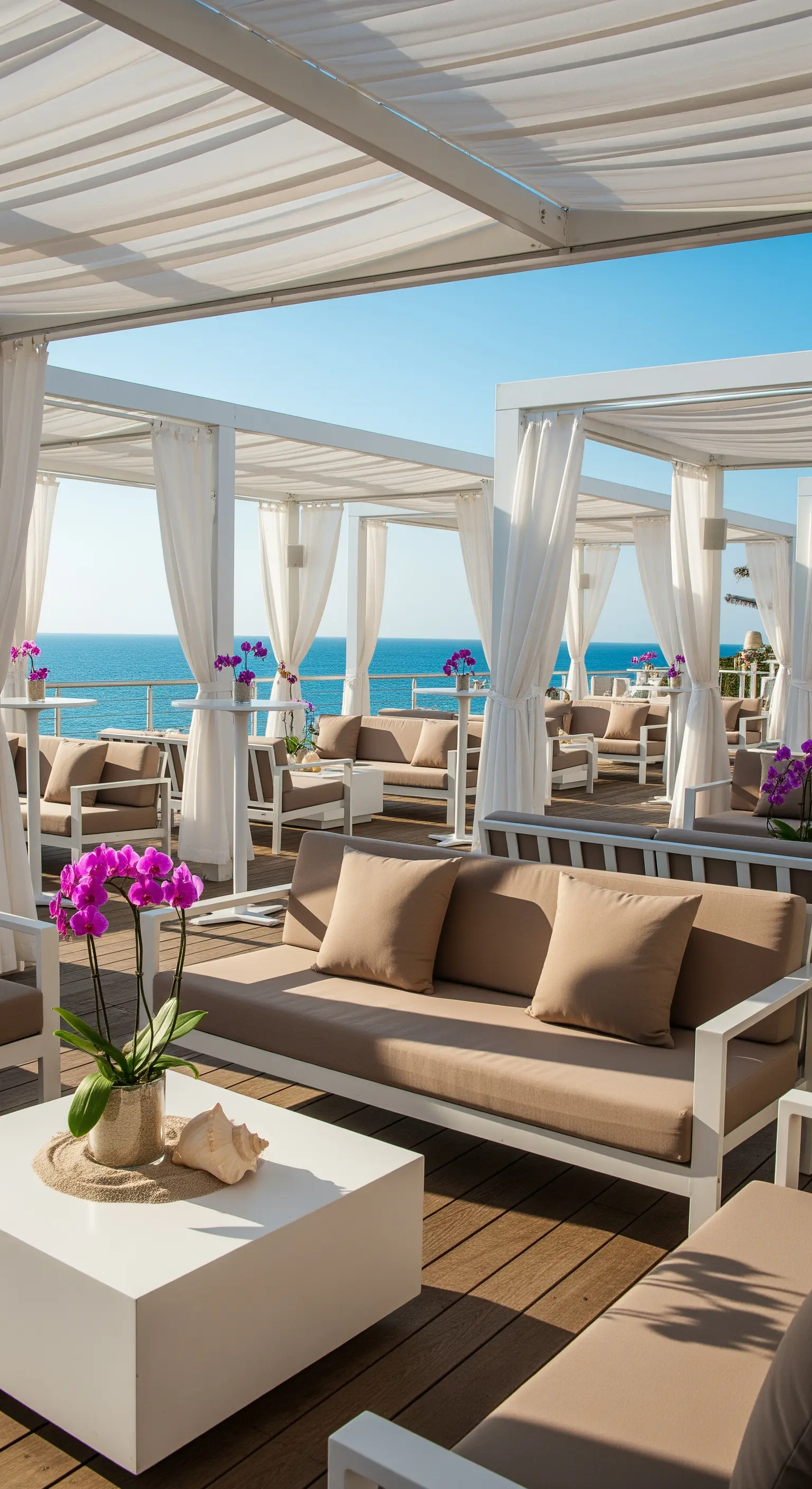 Lounge bar moderno sulla spiaggia con divani bianchi, cuscini beige e orchidee fucsia.