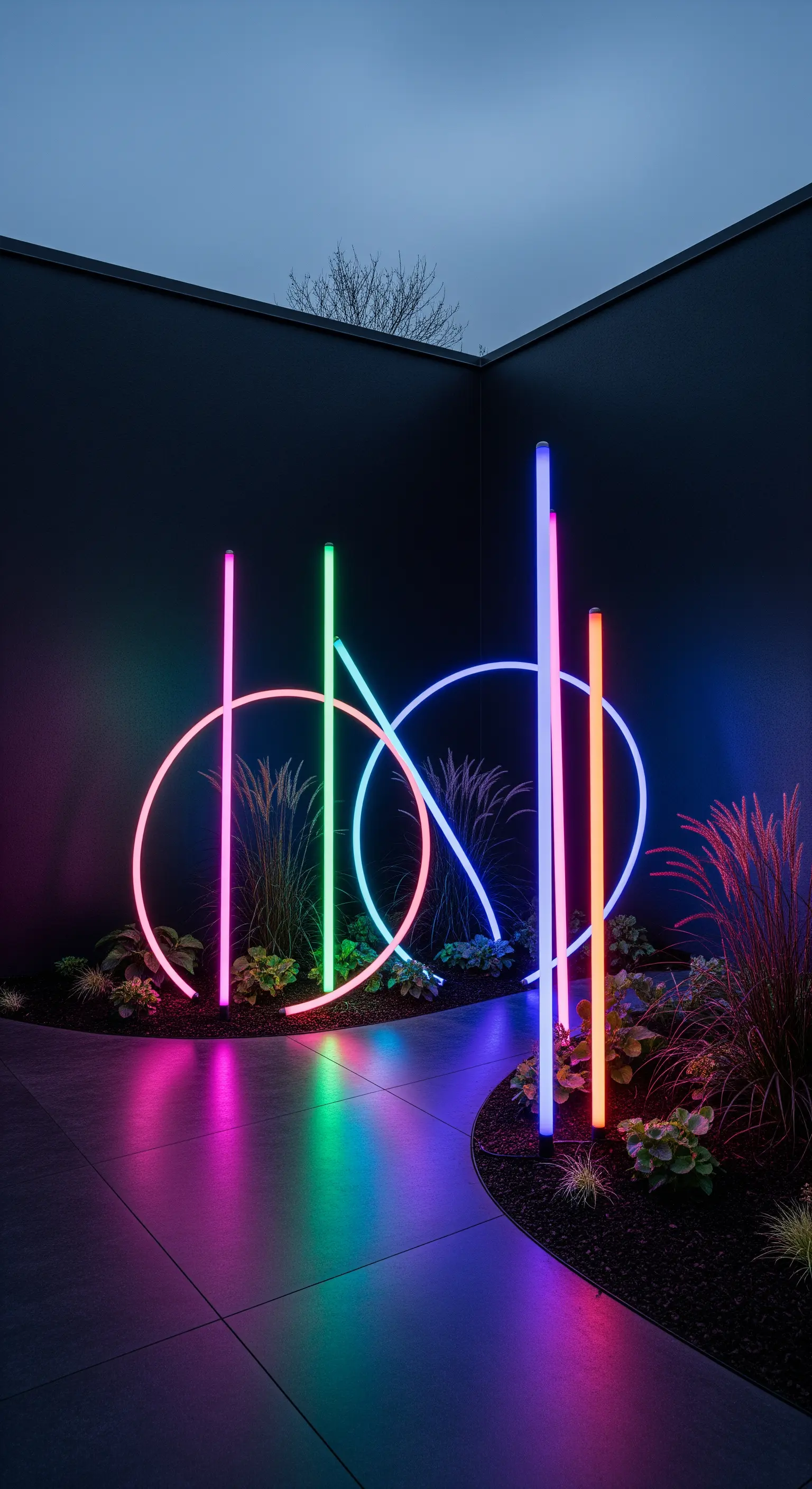 Installazione di tubi al neon colorati in un angolo di giardino moderno con pavimento scuro.