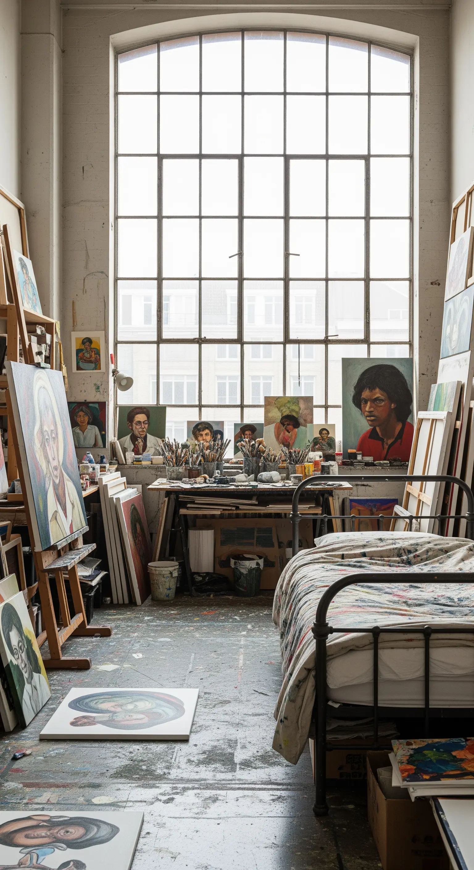 Studio d'artista con letto e tele, illuminato da una grande finestra industriale.