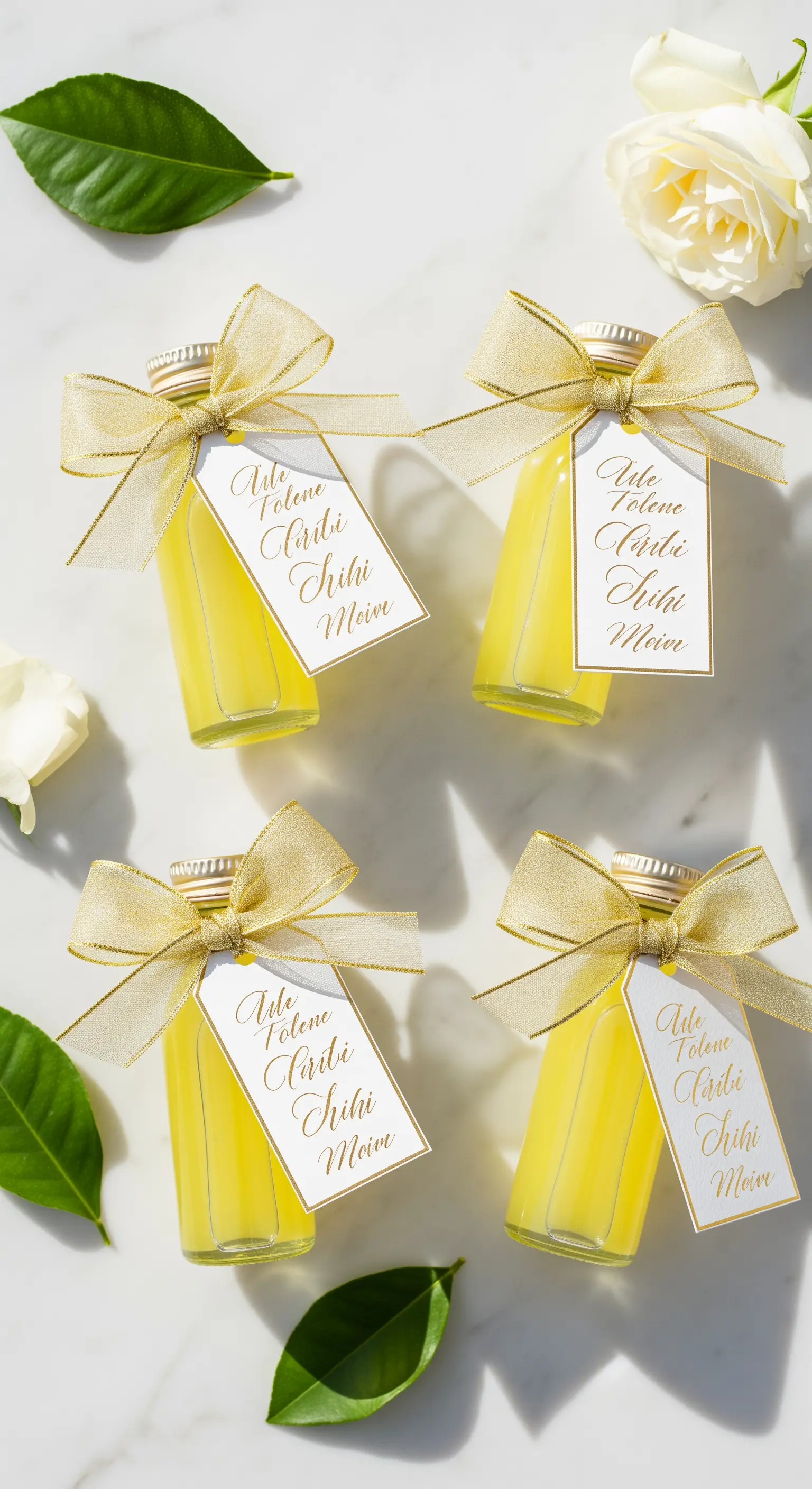 Bomboniere con mini bottiglie di limoncello, fiocchi dorati e tag calligrafici su fondo di marmo.