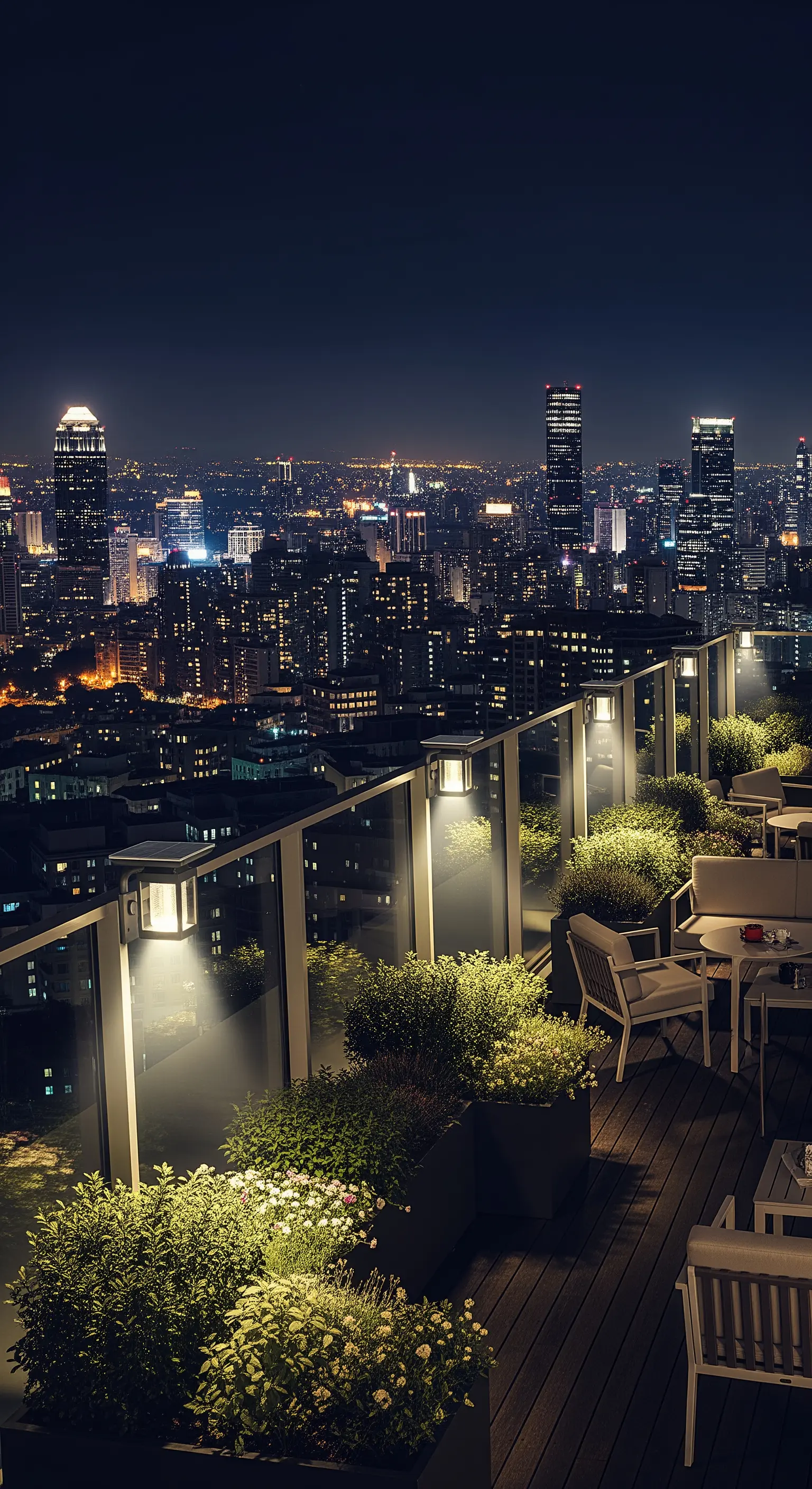 Terrazza panoramica su una città di notte, con luci moderne e minimaliste lungo la ringhiera.