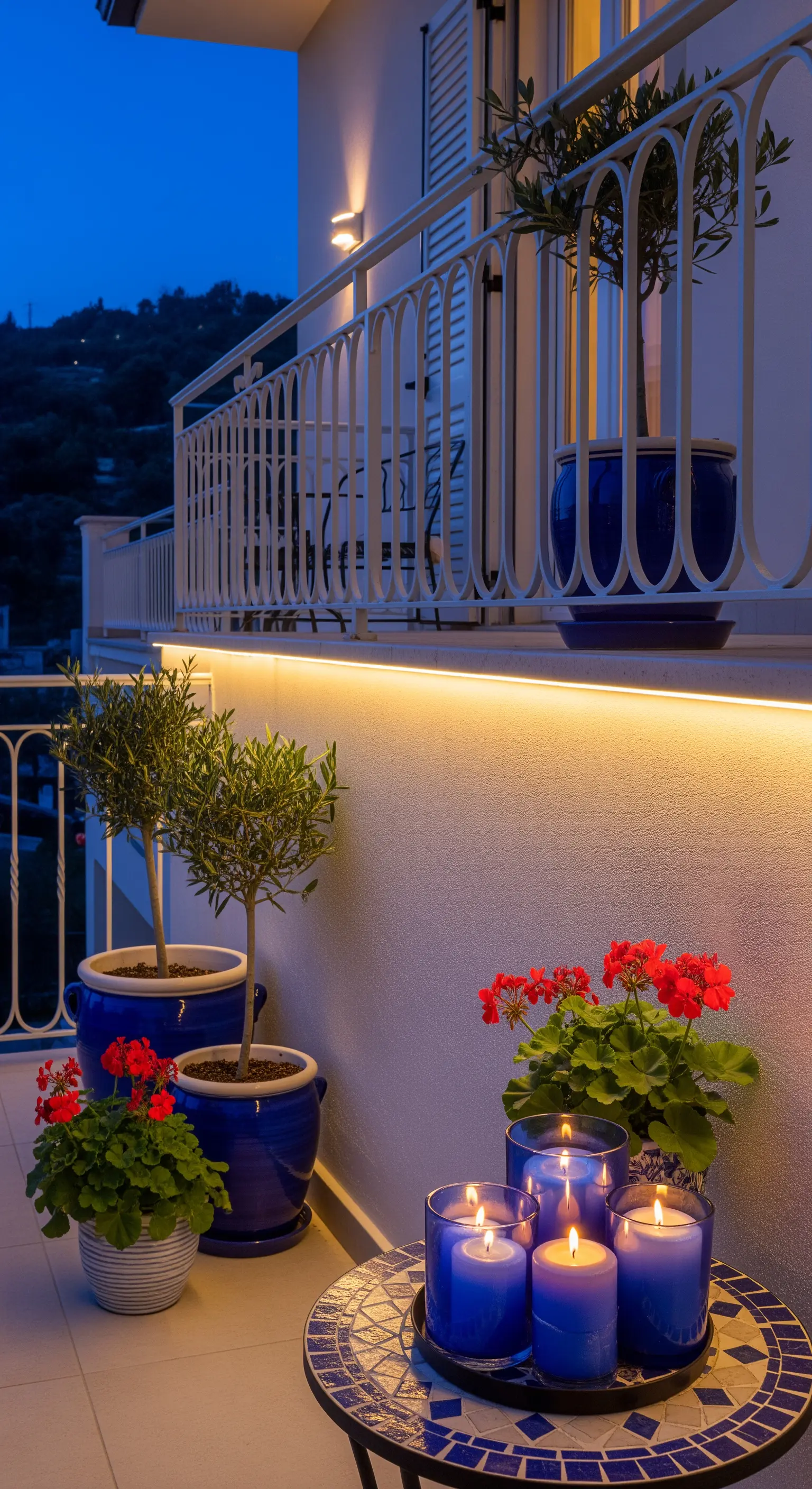 Striscia LED che illumina un muretto del balcone, con vasi blu e candele blu coordinate