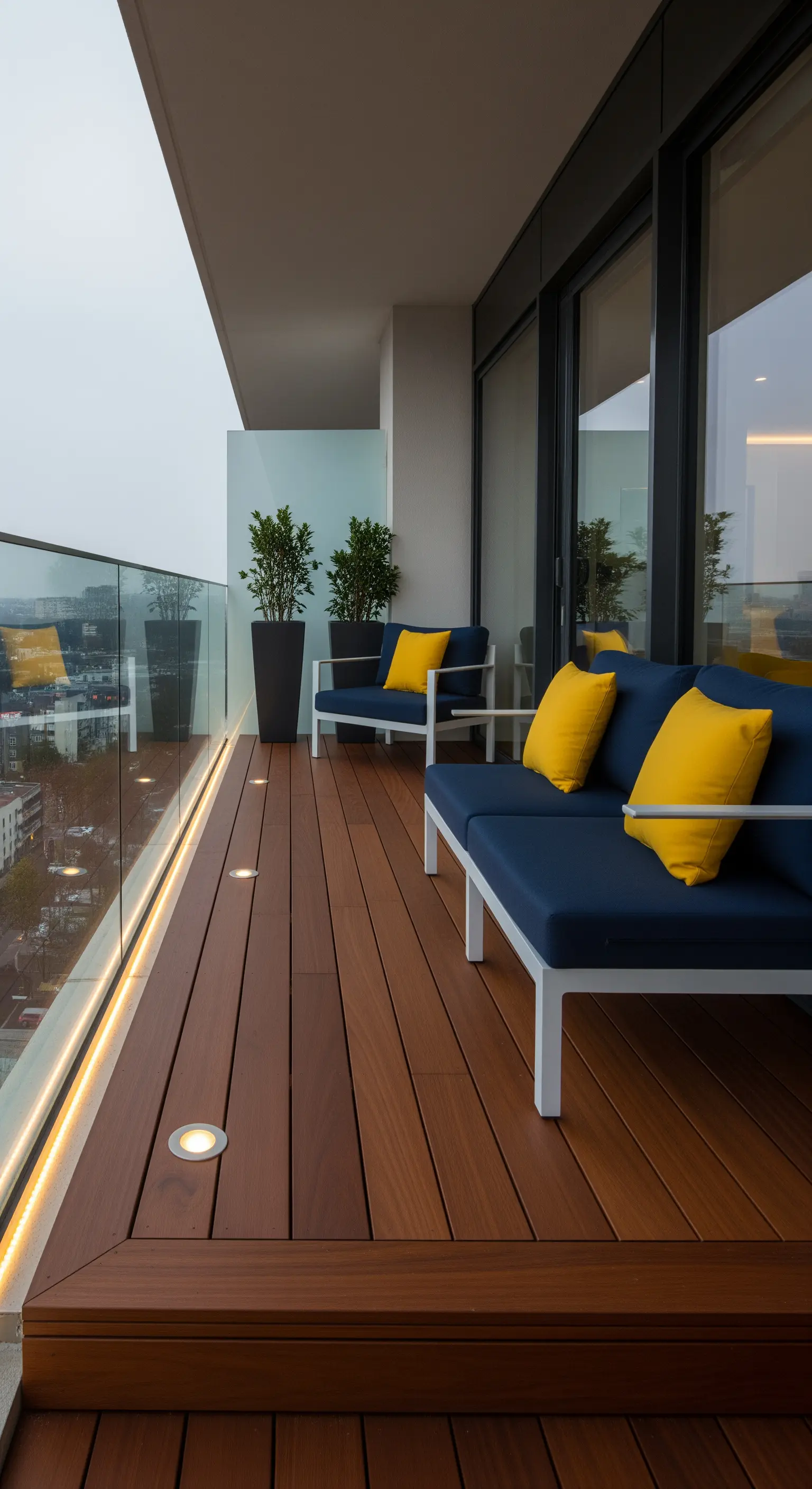 Balcone con pavimento in legno, illuminazione a LED perimetrale e divanetti blu con cuscini gialli.