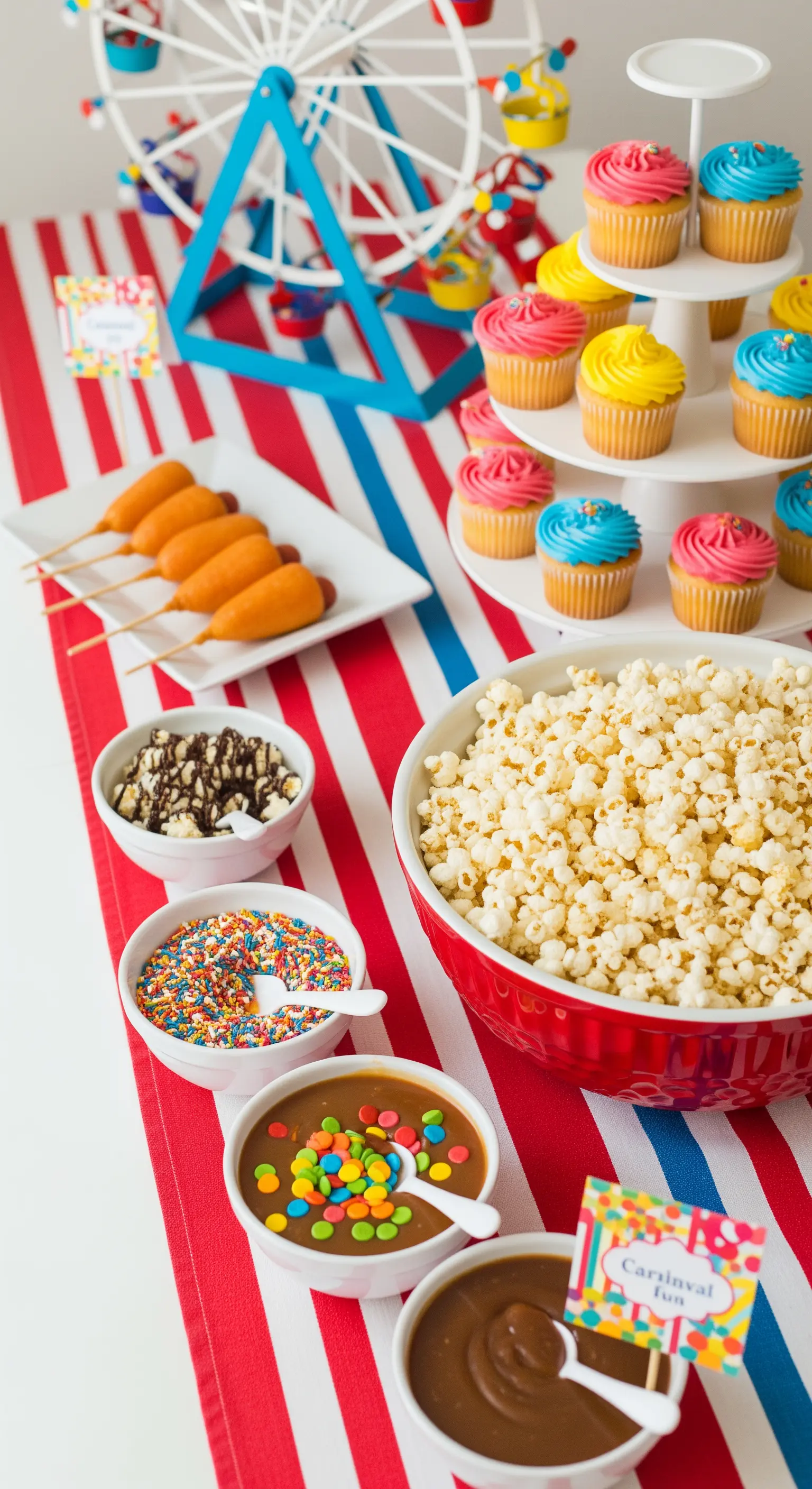 Tavolo a tema luna park con popcorn, cupcake colorati e una piccola ruota panoramica.