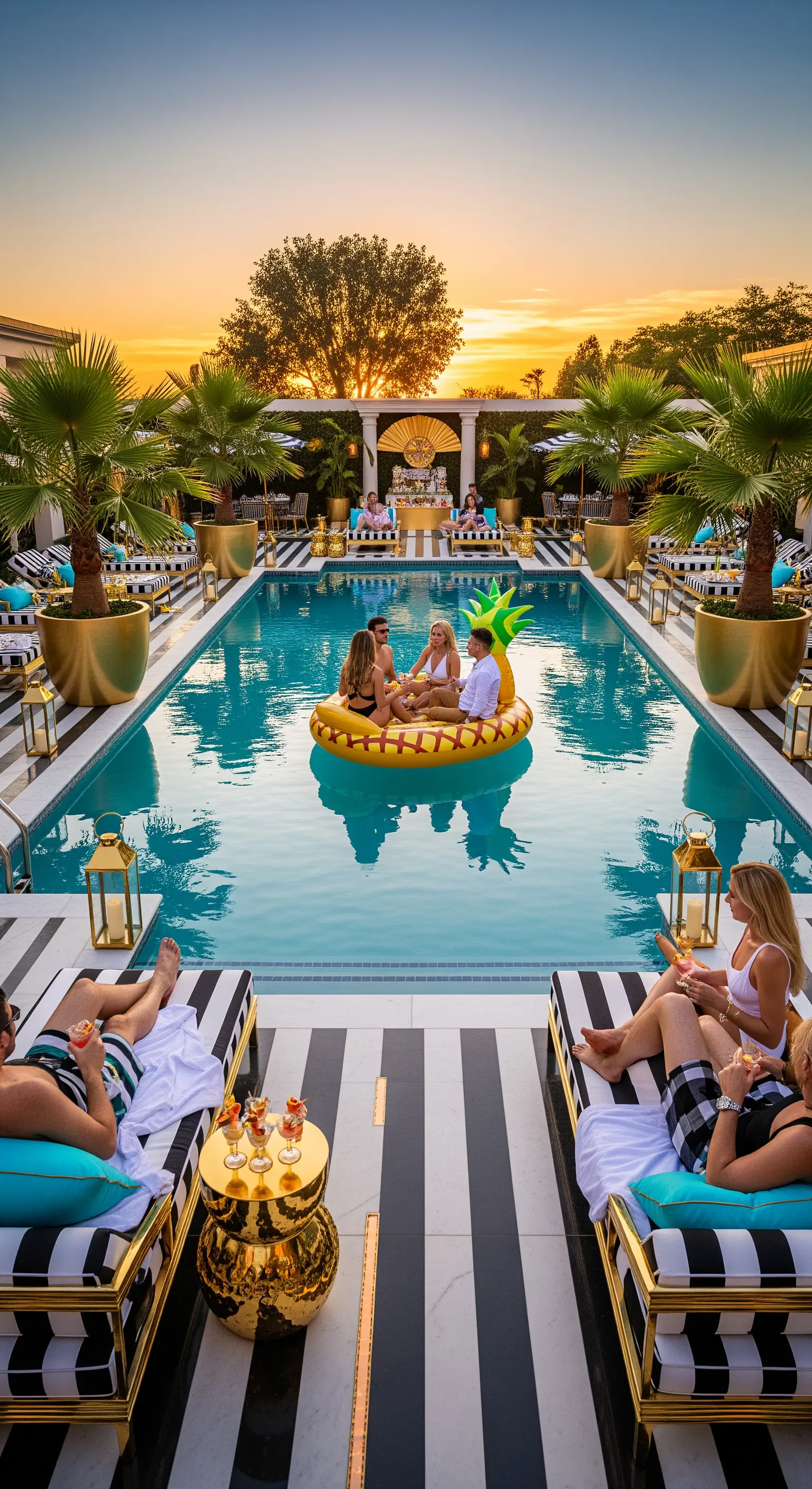 Pool party di lusso con lettini a righe bianche e nere, accenti dorati e cuscini turchesi.