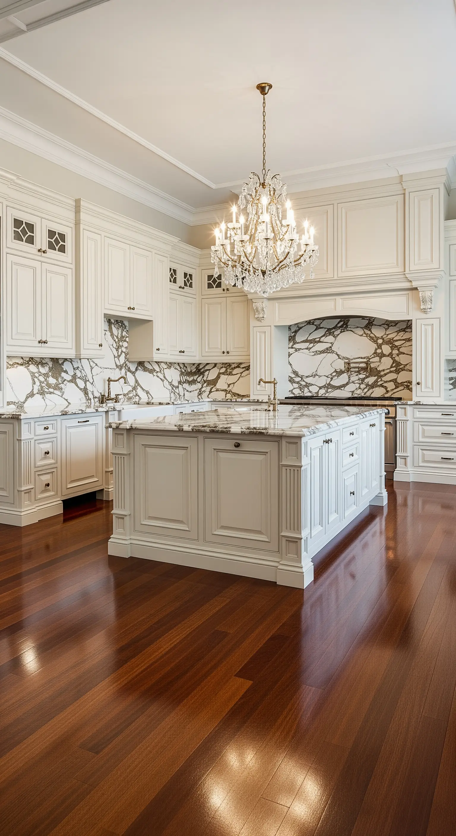Cucina classica di lusso con mobili bianchi, isola in marmo e un grande lampadario di cristallo.