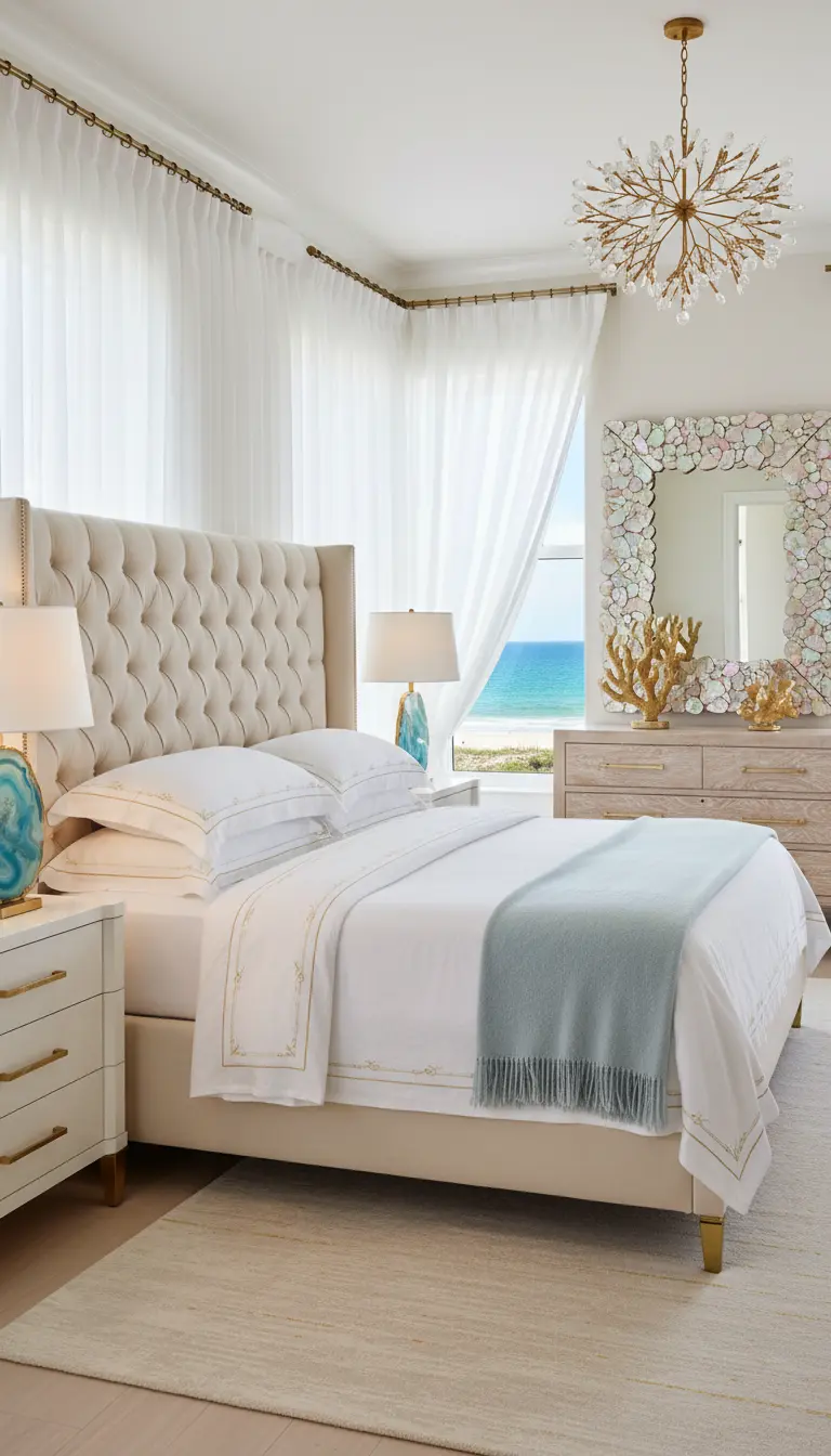 Camera da letto di lusso con testiera capitonné, specchio in madreperla e lampadario dorato.