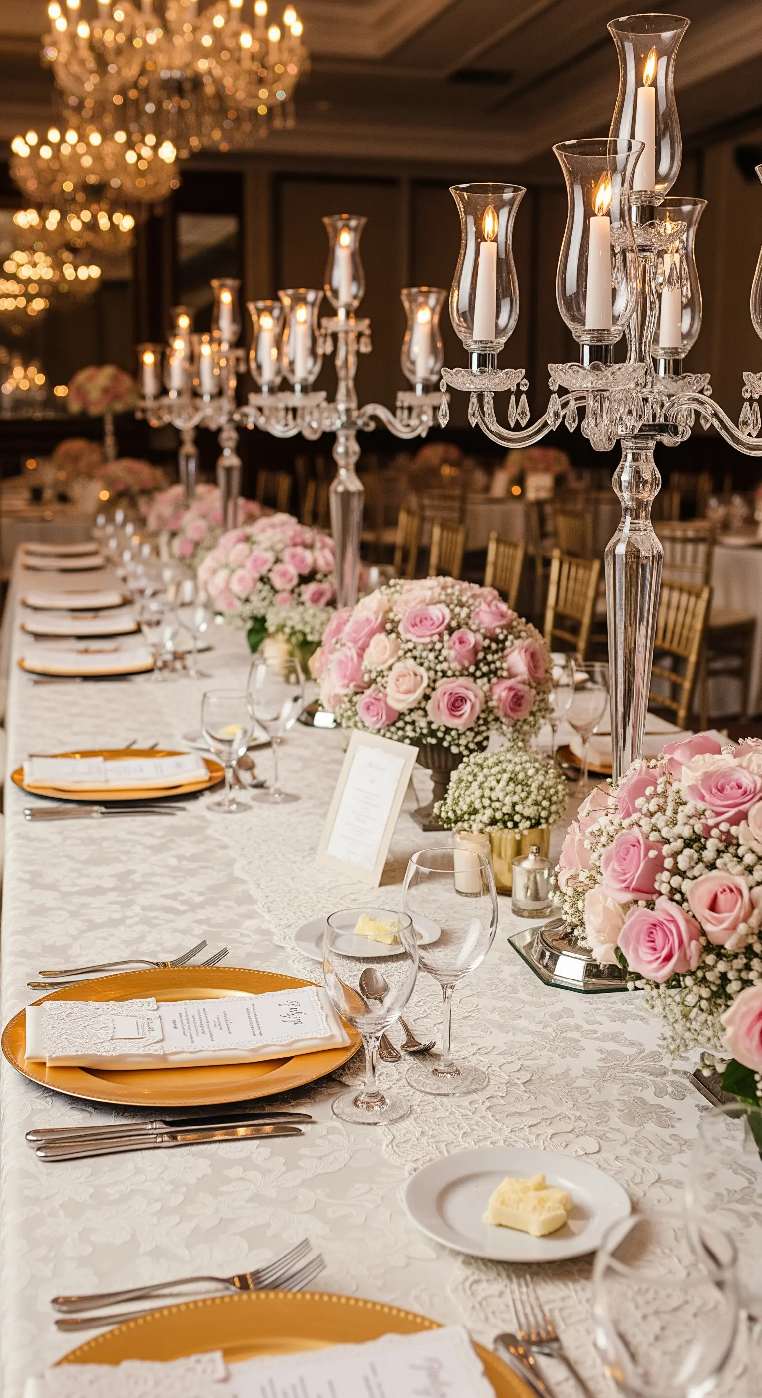 Tavola imperiale con tovaglia in pizzo, sottopiatti dorati, candelabri e bouquet di rose rosa.