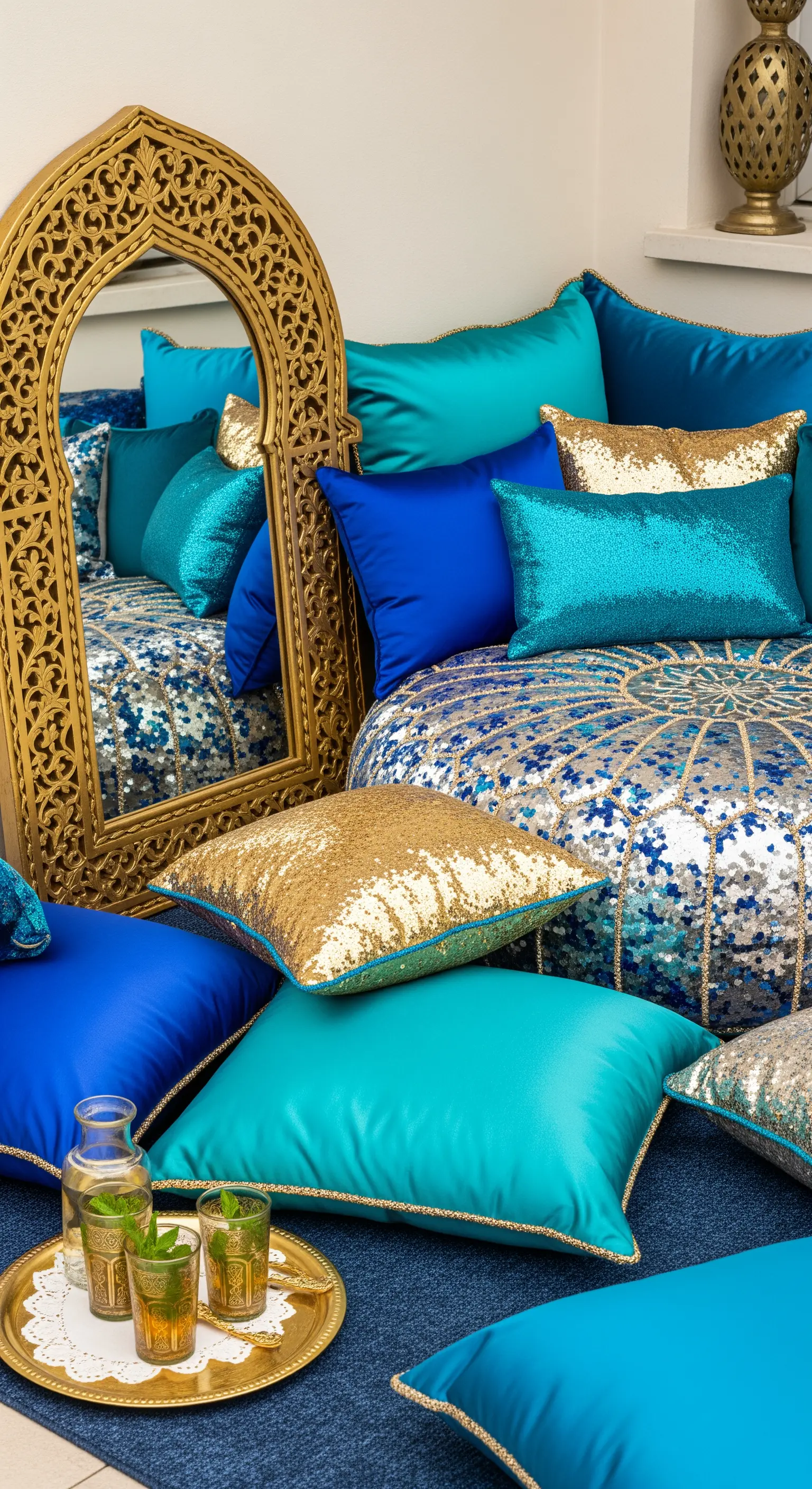 Angolo marocchino con pouf e cuscini in raso blu, turchese e paillettes dorate.