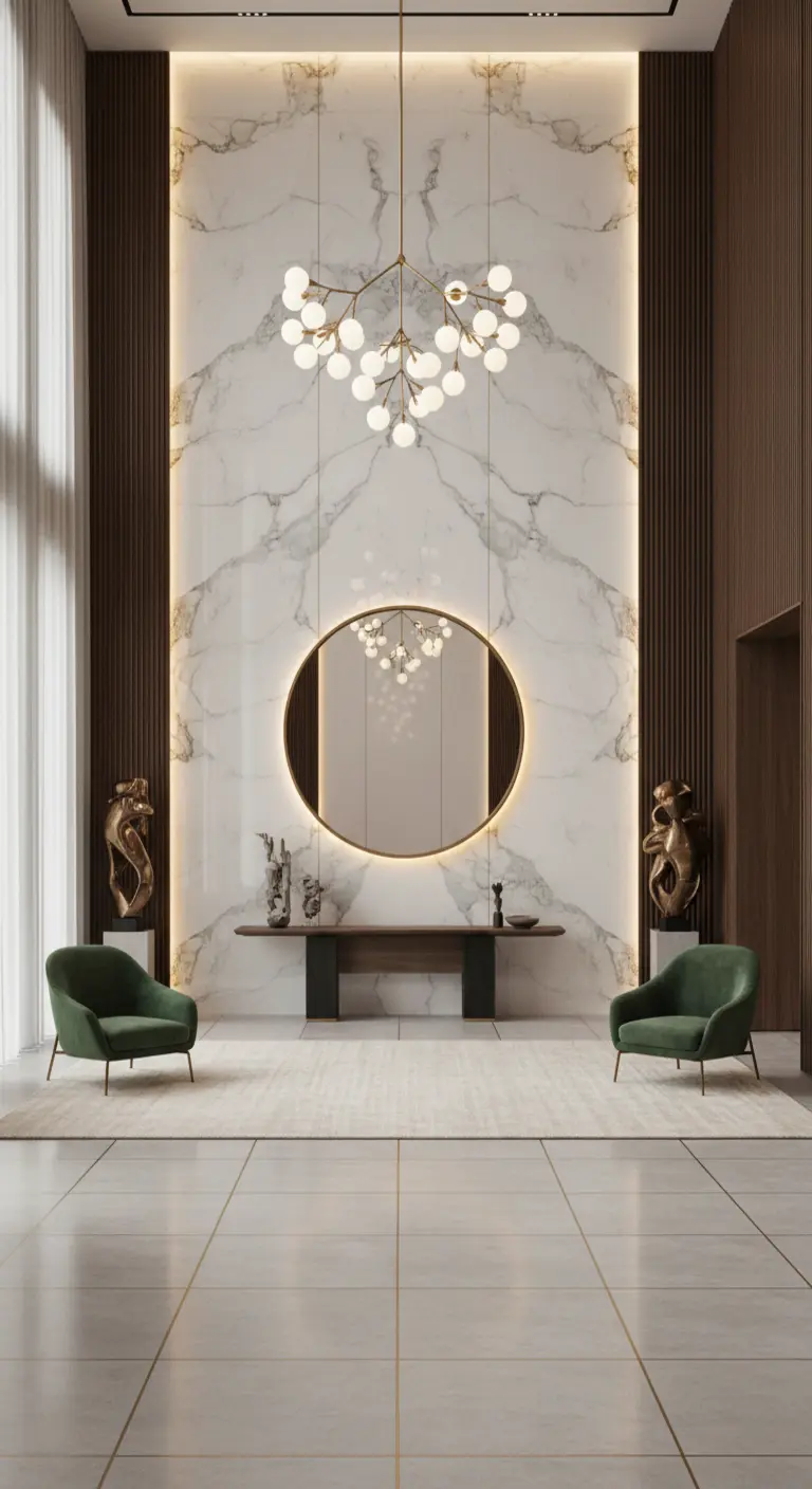 Specchio rotondo retroilluminato su una lastra di marmo bianco in un ingresso sontuoso.