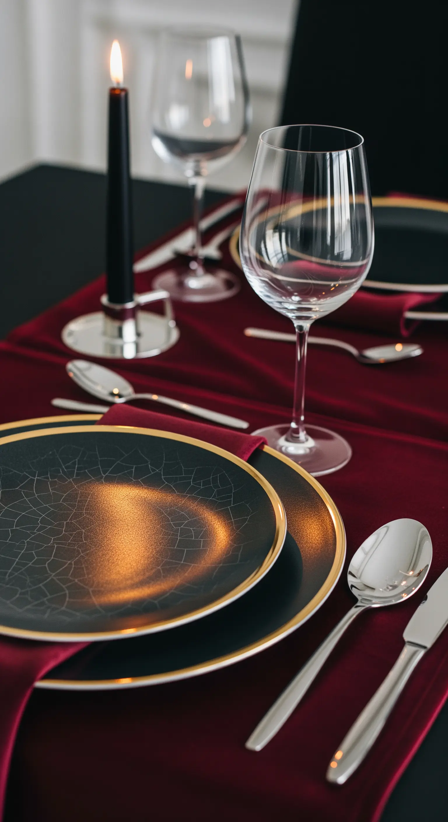 Tavola elegante con runner in velluto borgogna, piatti neri e oro, e candela nera.