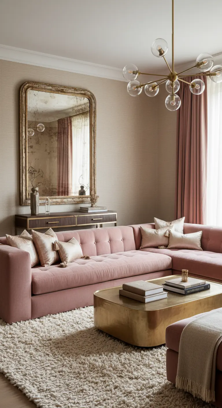 Salotto con grande divano rosa, tappeto a pelo lungo, specchio anticato e tavolino dorato.