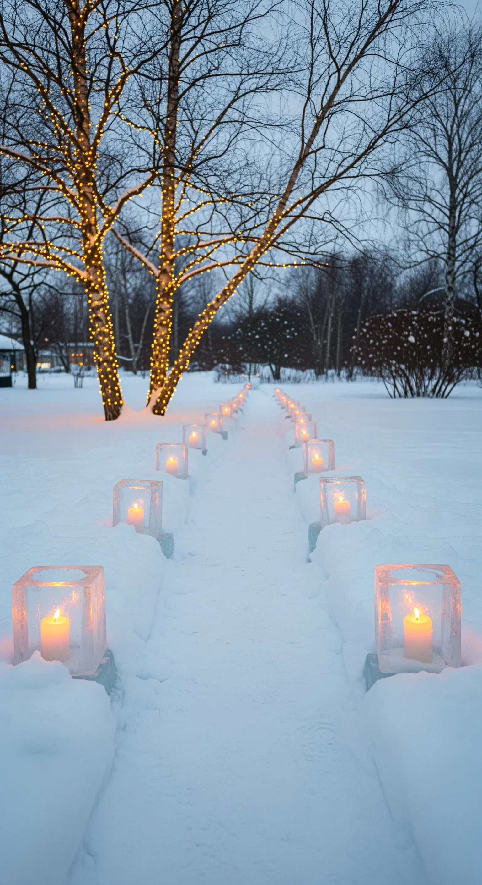 Sentiero innevato fiancheggiato da lanterne cubiche fatte di ghiaccio con candele all'interno.
