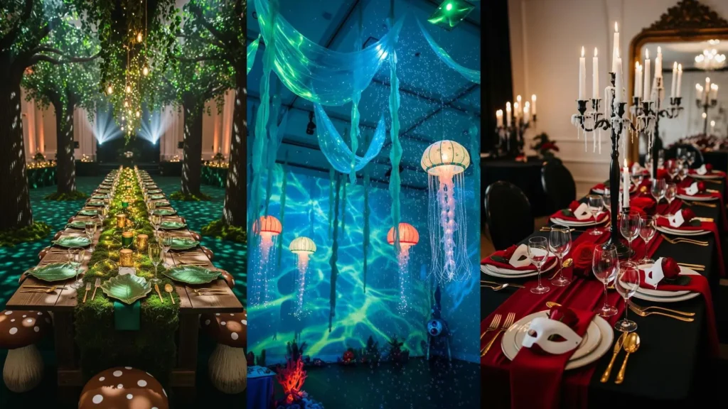 Tre spettacolari allestimenti per feste a tema, con decorazioni magiche da foresta incantata, subacquee e teatrali con maschere.