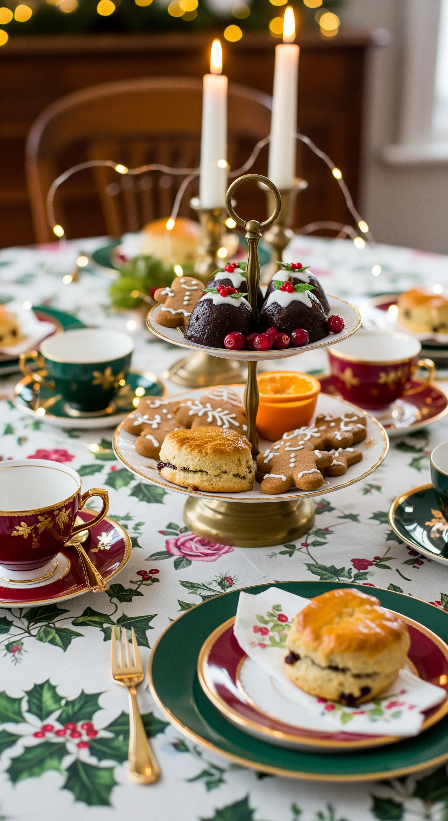 Tavola da tè natalizia con tovaglia a tema agrifoglio, dolci festivi e candele