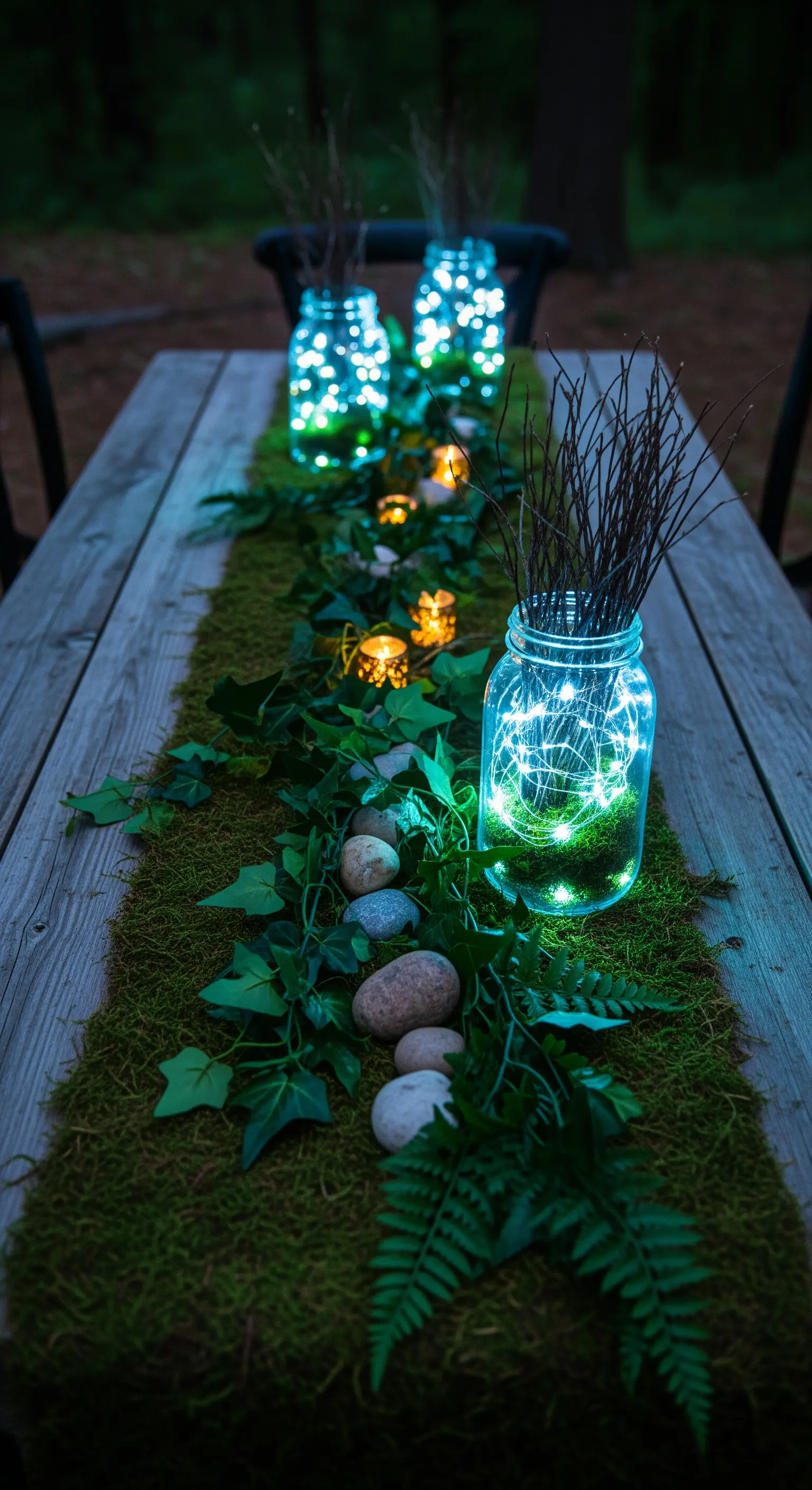 Centrotavola con muschio, pietre e barattoli di vetro con luci a LED.