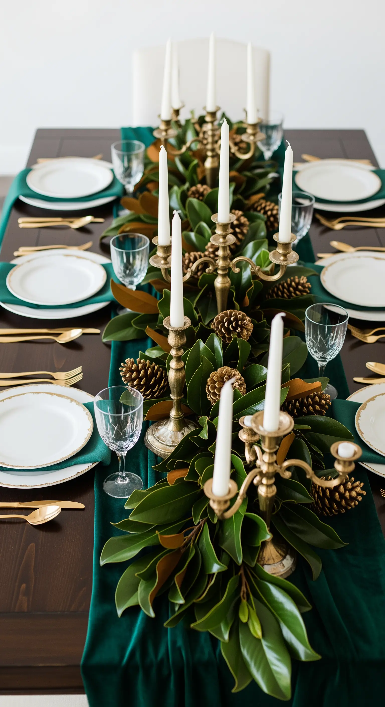 Tavola elegante con runner in velluto verde e una sontuosa ghirlanda di foglie di magnolia e ottone.
