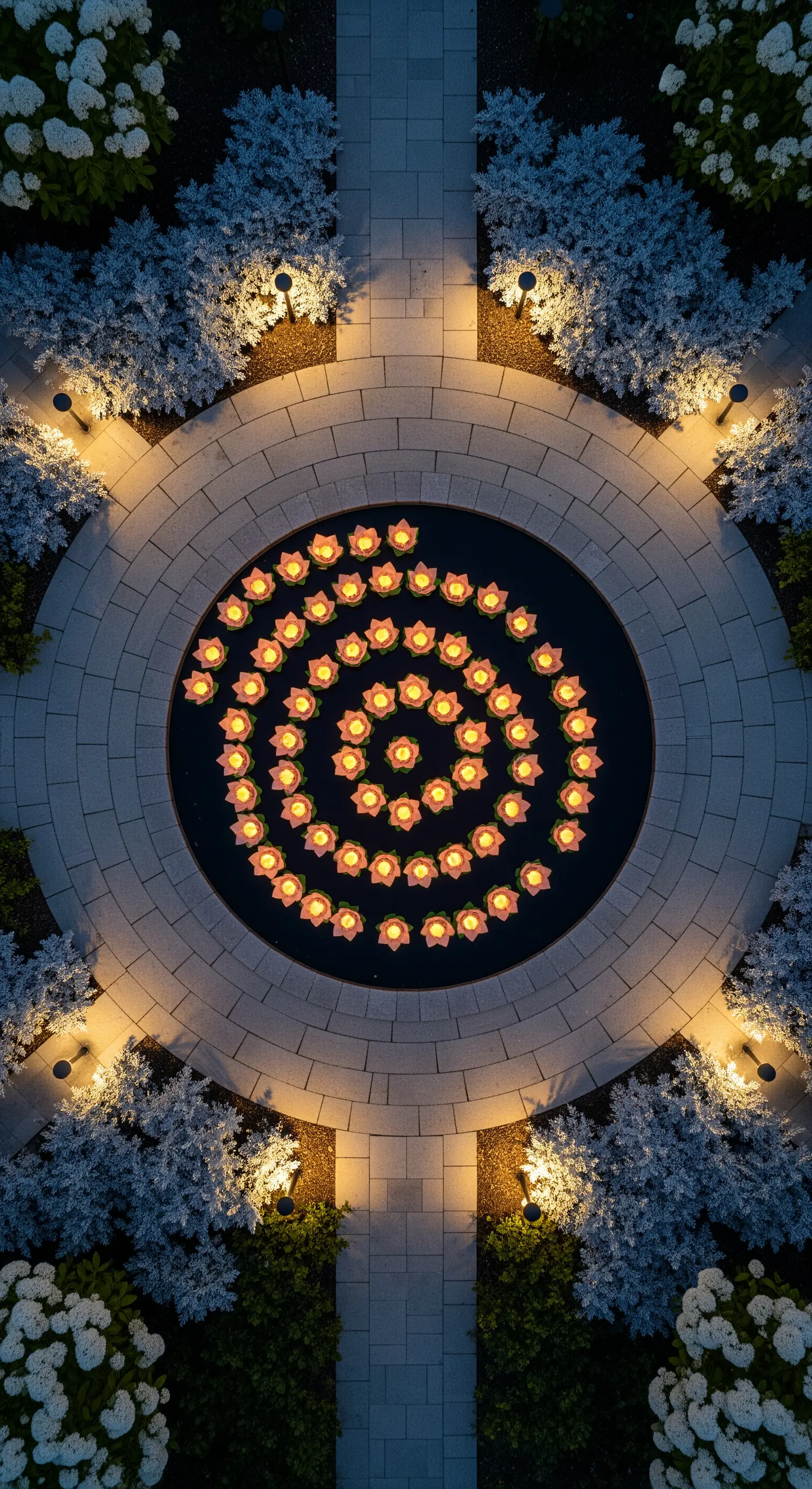 Vista dall'alto di un laghetto circolare con candele galleggianti a forma di loto disposte a spirale.
