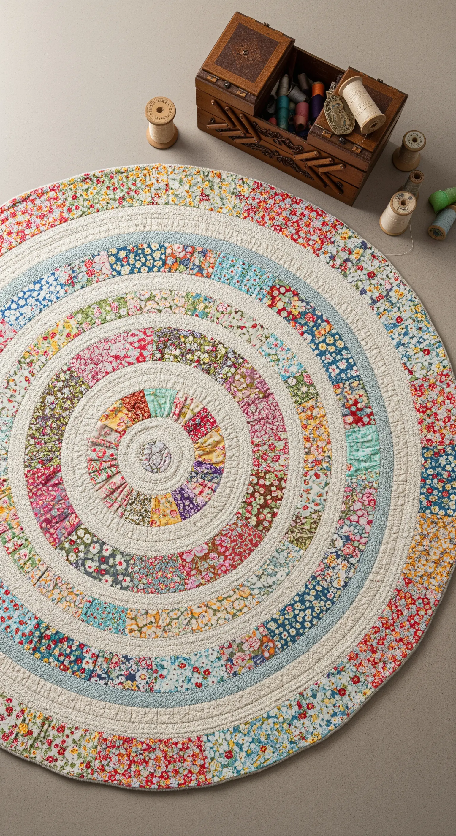 Tappeto tondo patchwork con cerchi concentrici di stoffe floreali e corda, visto dall'alto