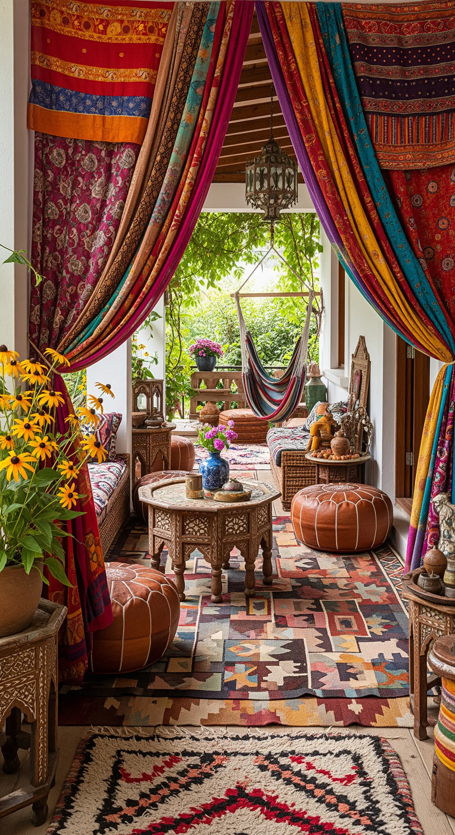 Portico massimalista con strati di tende colorate, tappeti sovrapposti e pouf in pelle.