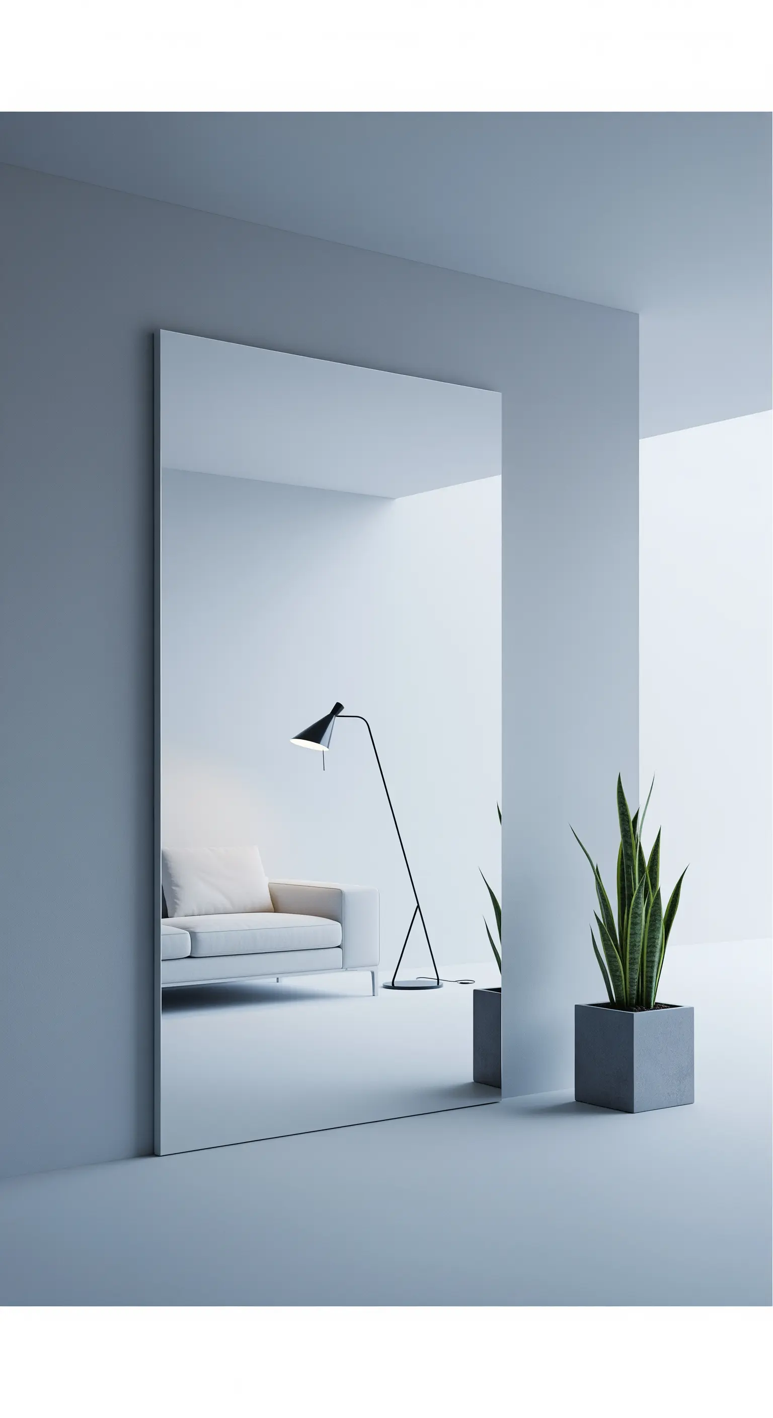 Un grande specchio rettangolare senza cornice appoggiato a una parete in un ambiente minimalista.
