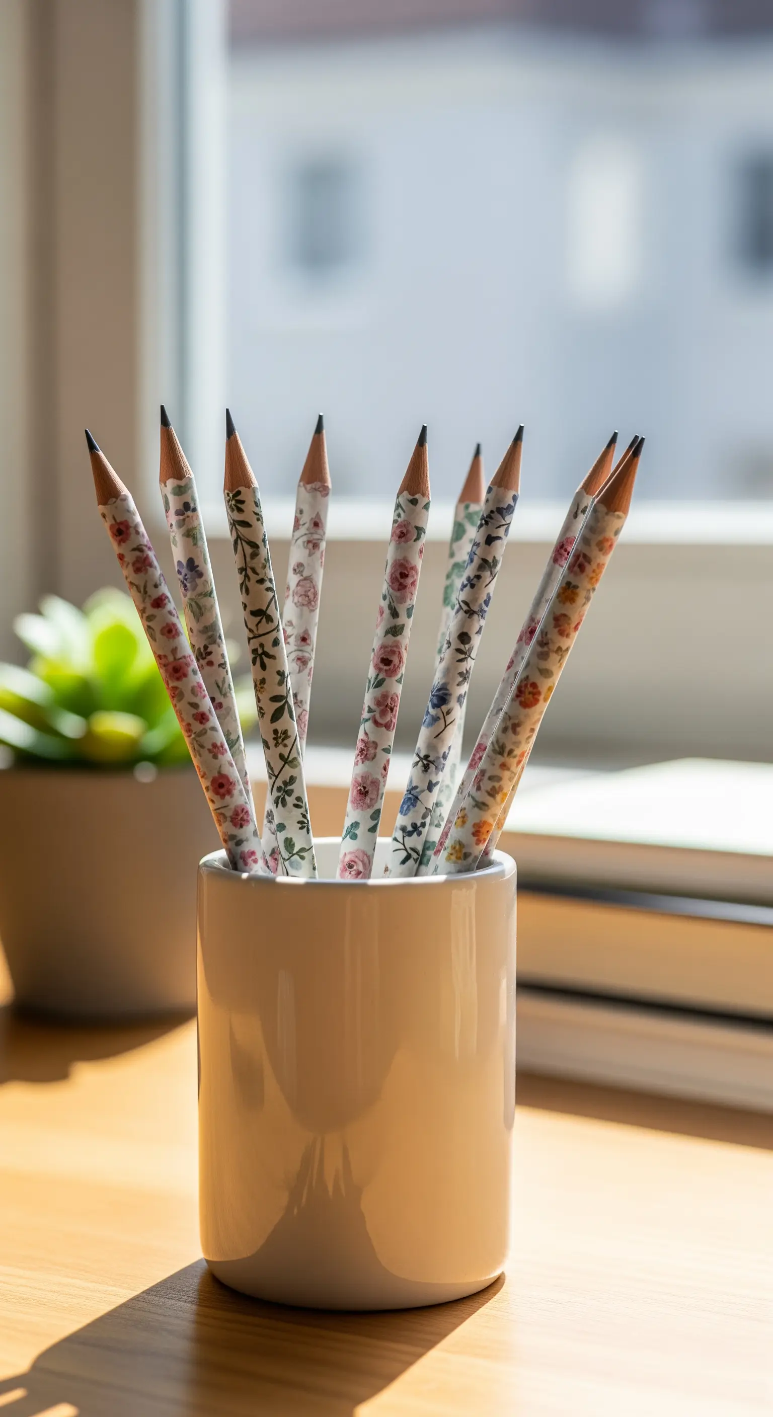Matite decorate con una fantasia floreale, raccolte in un portamatite in ceramica bianca.