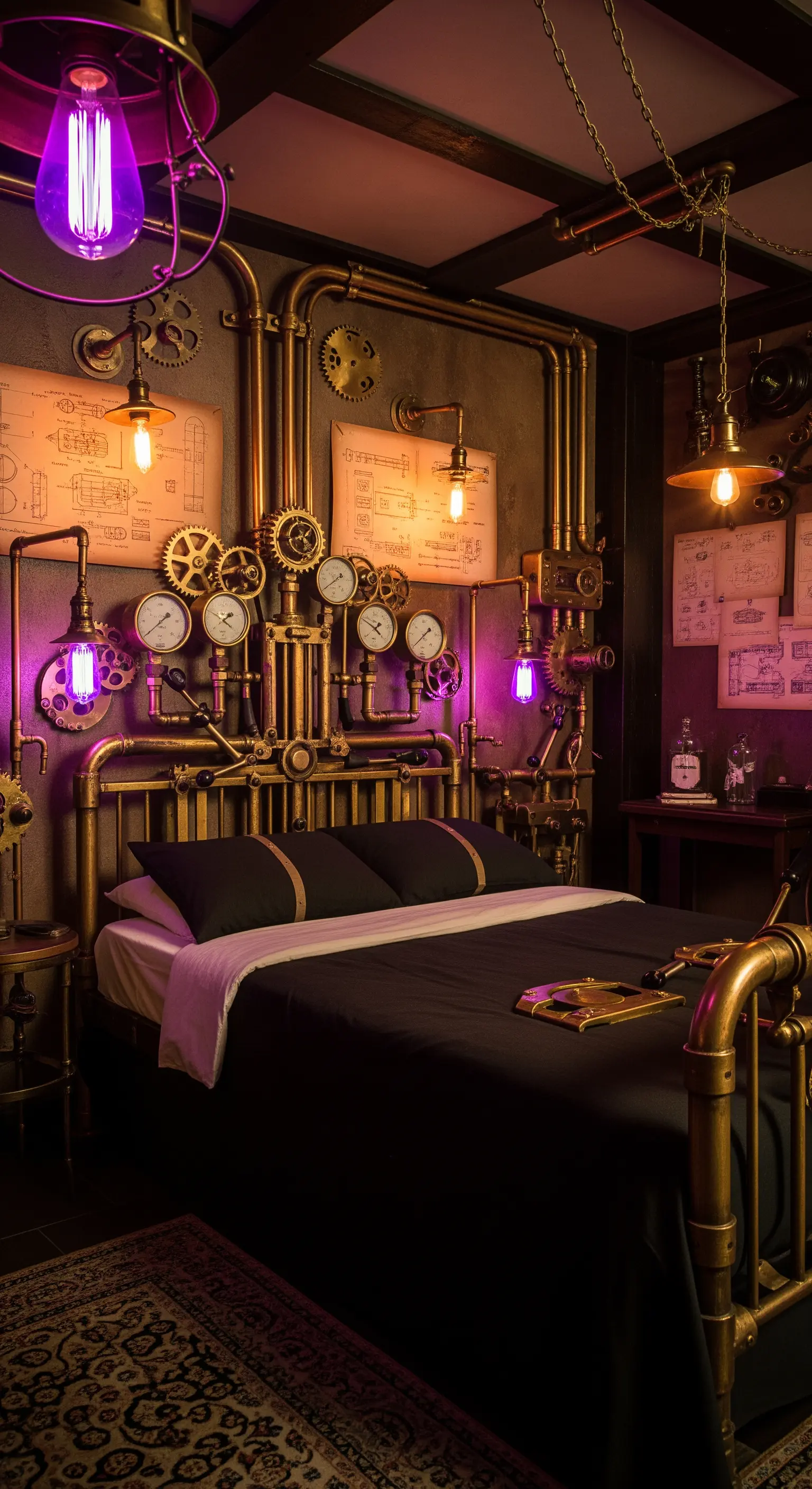 Camera da letto in stile steampunk con tubi in rame, ingranaggi e lampadine Edison viola.