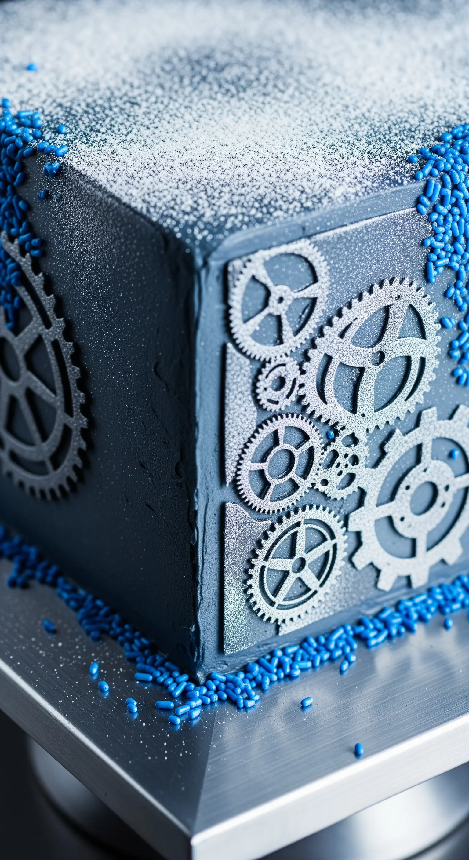 Torta cubica blu scuro decorata con ingranaggi argentati e zuccherini blu, in stile steampunk.