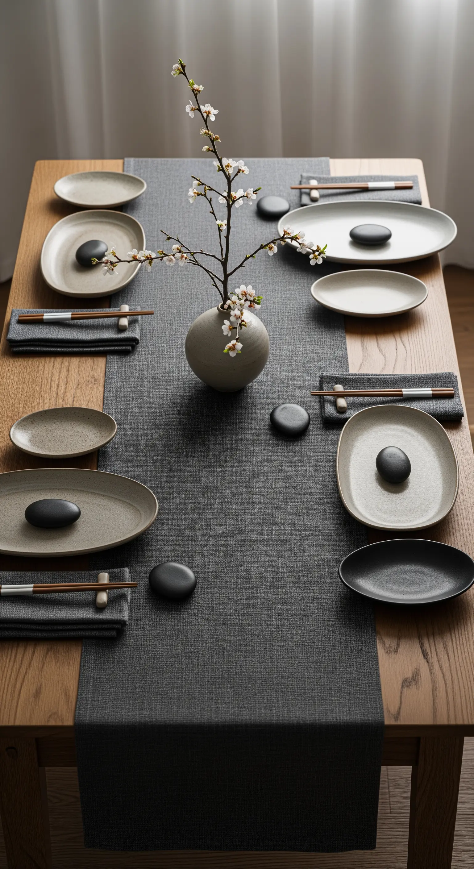 Tavola in stile giapponese con runner scuro, ceramiche artigianali e pietre levigate
