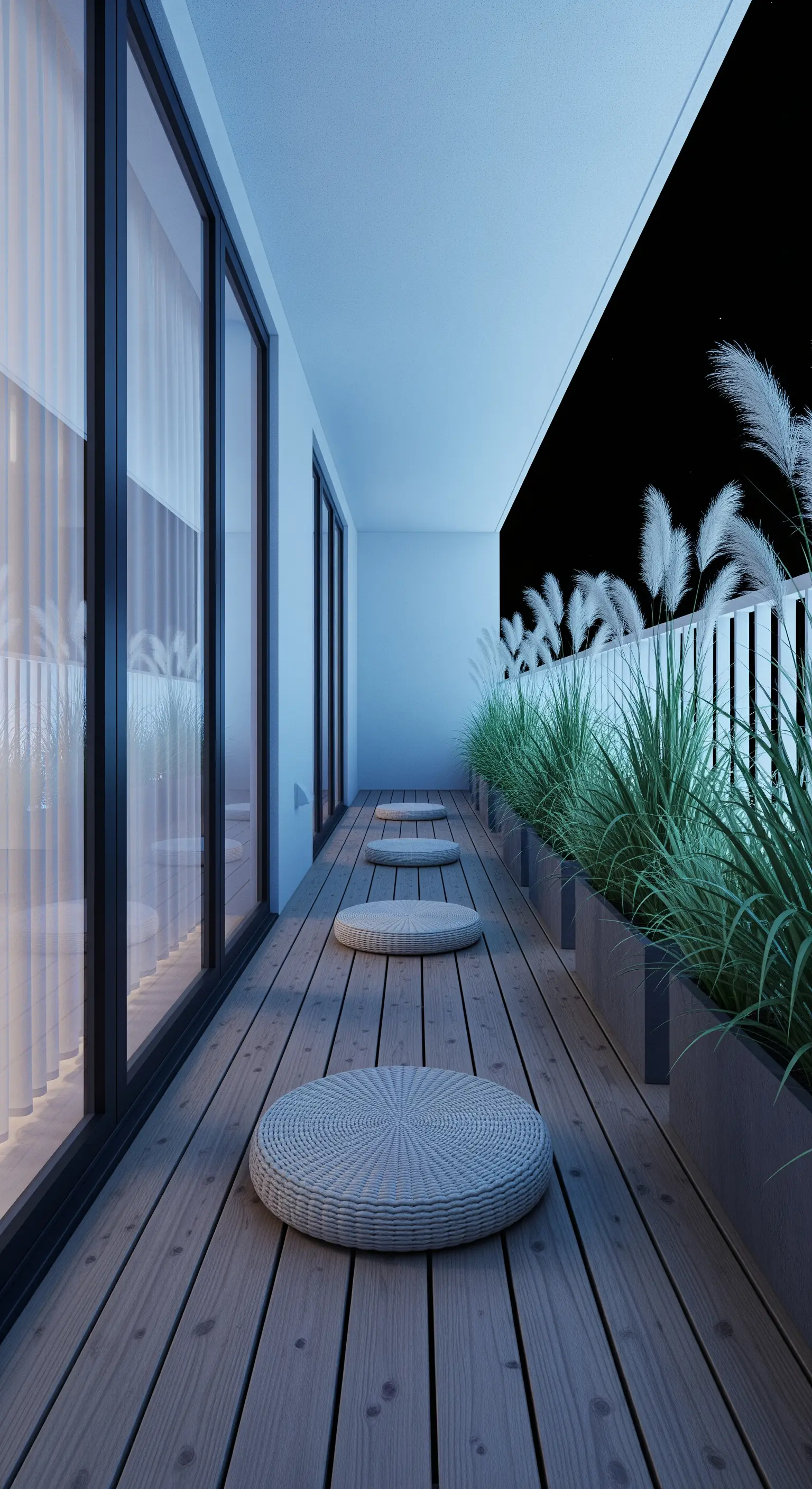 Balcone lungo e stretto con pavimento in legno, cuscini da meditazione e erbe alte.
