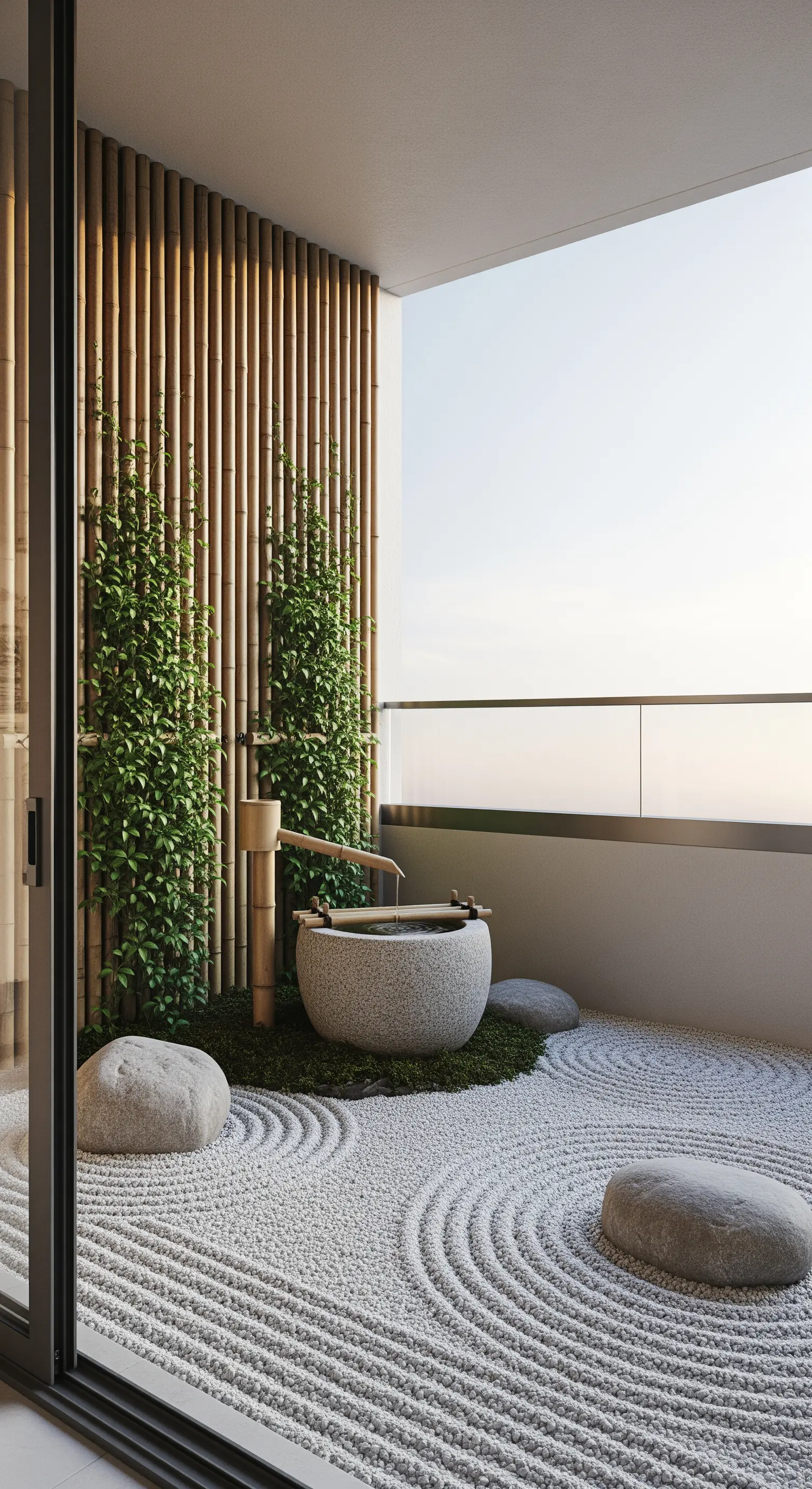 Balcone in stile zen con sabbia rastrellata, rocce, parete in bambù e fontana giapponese.
