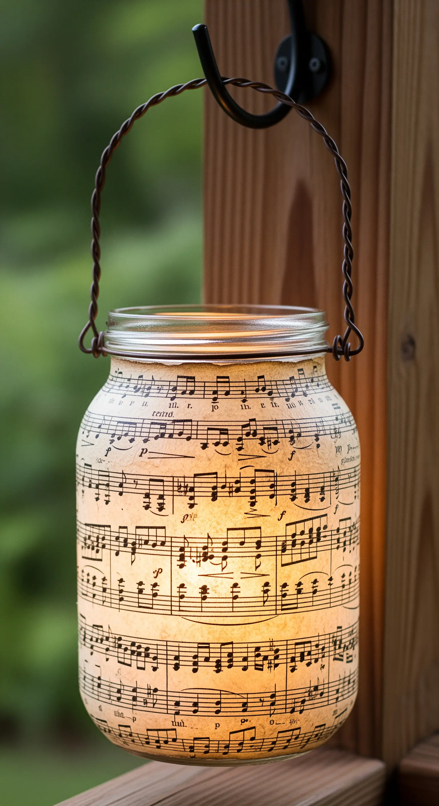 Lanterna sospesa realizzata con un barattolo rivestito di vecchi spartiti musicali.