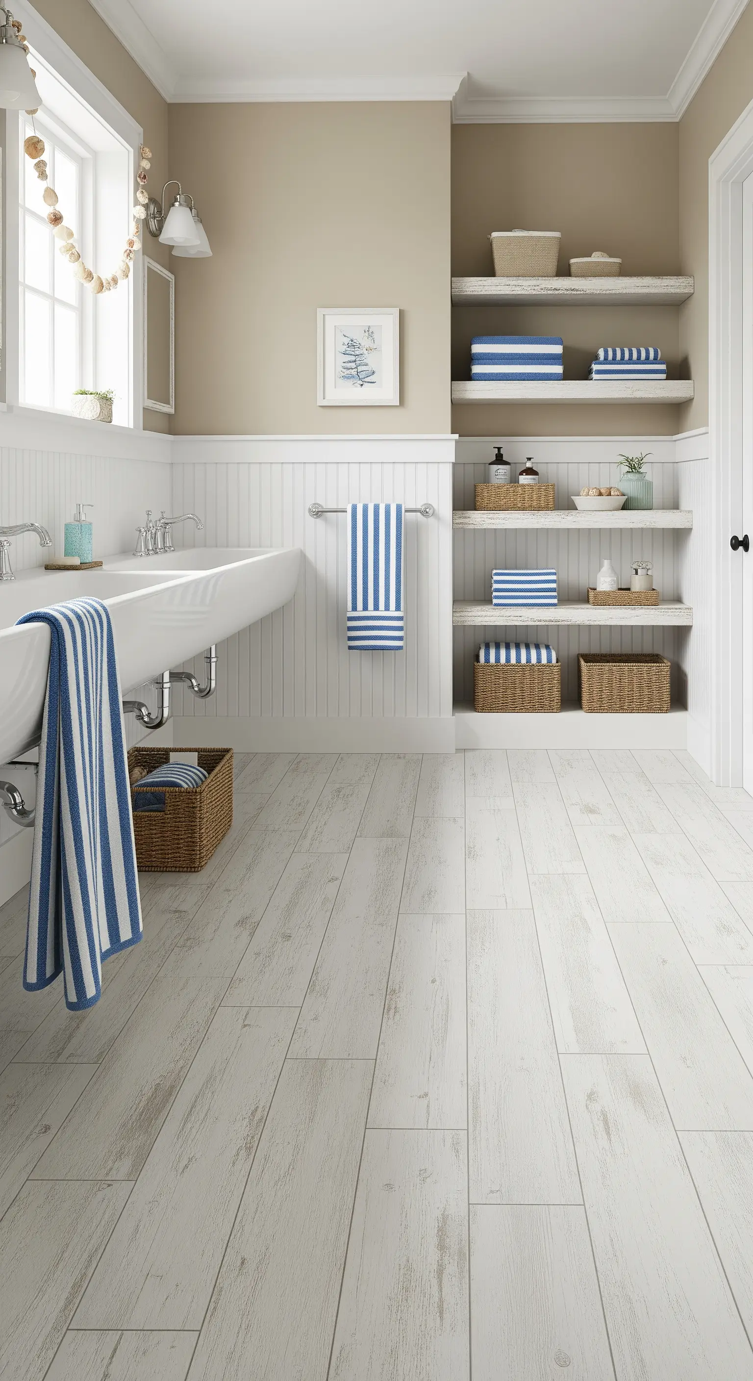 Bagno con pavimento in legno sbiancato, mensole a vista e cesti in vimini.